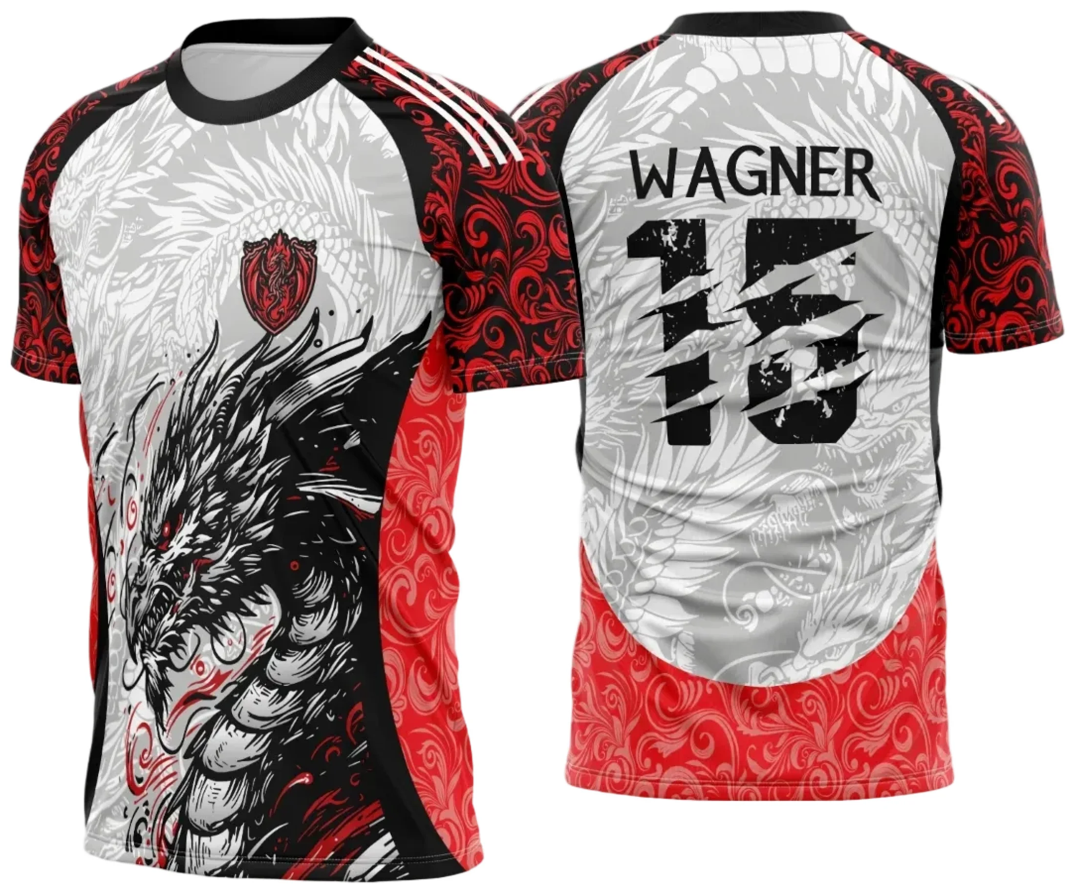 Camiseta unissex preta com logo no peito e estampa grande nas costas do dragão negro com detalhes em laranja, ideal para eventos interclasse 2025.