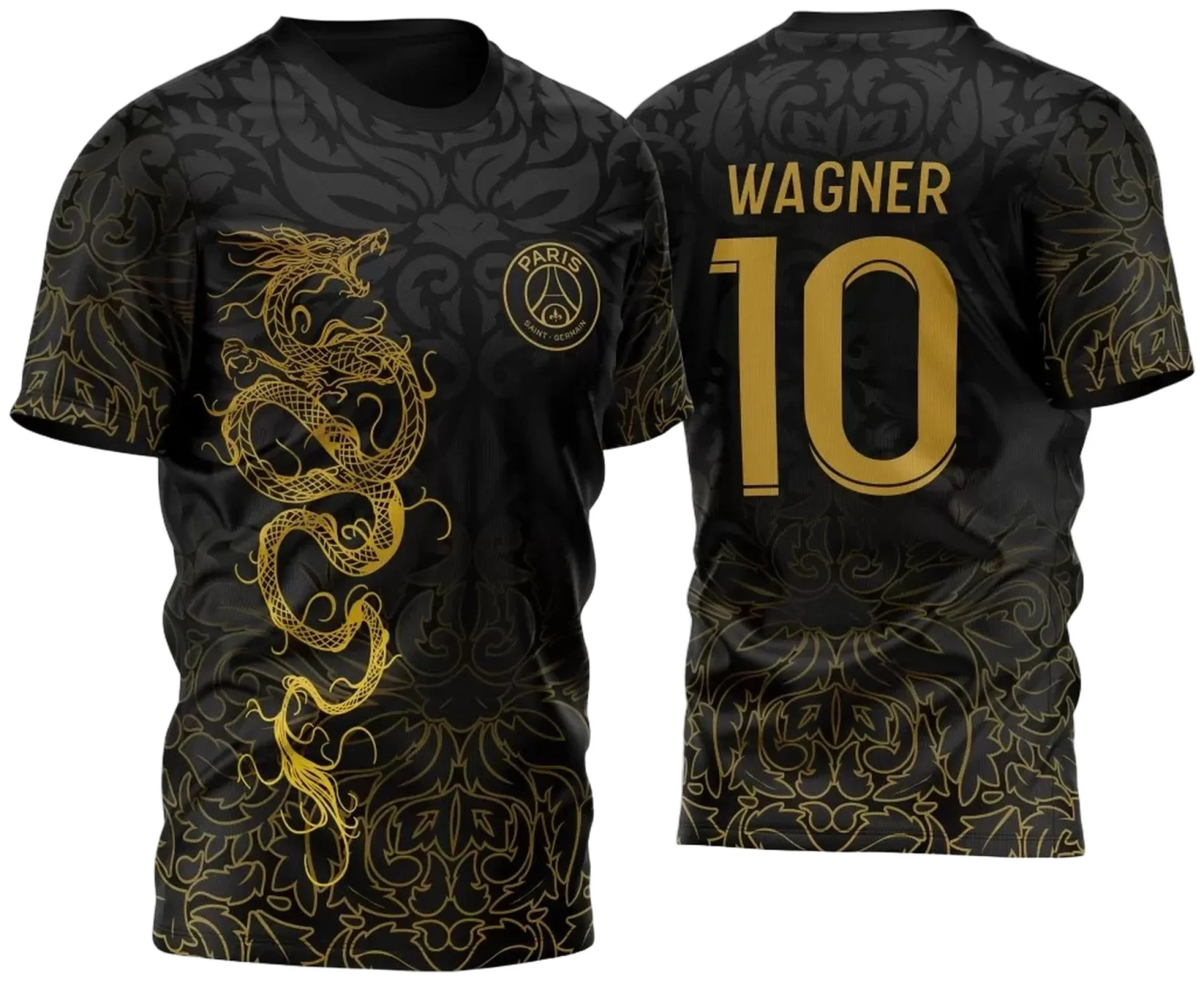 Camiseta unissex preta com logo no peito e estampa grande nas costas com tema Dragão Serpente 2023 Dourado, destacando design vibrante e moderno, ideal para fãs de cultura oriental e estilo marcante.