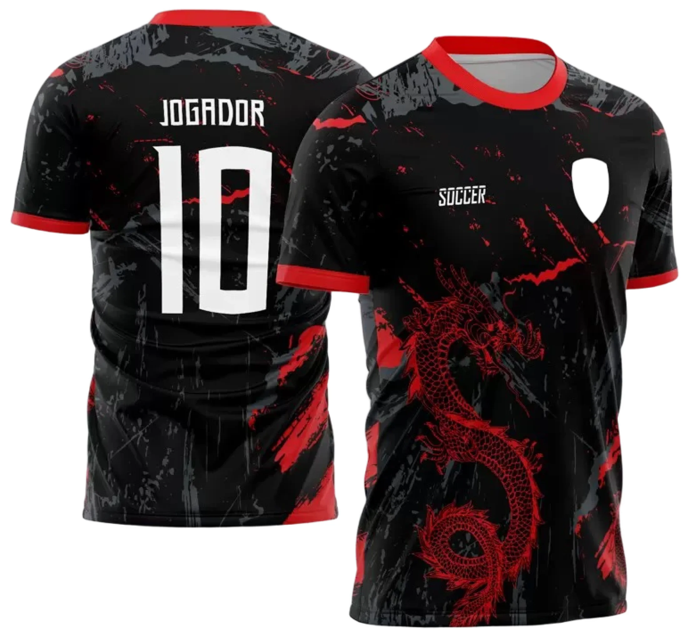 Camiseta unissex preta com logo no peito e estampa grande nas costas apresentando dragão vermelho marcante, ideal para fãs da InterClasse em 2023, com design moderno e vibrante.