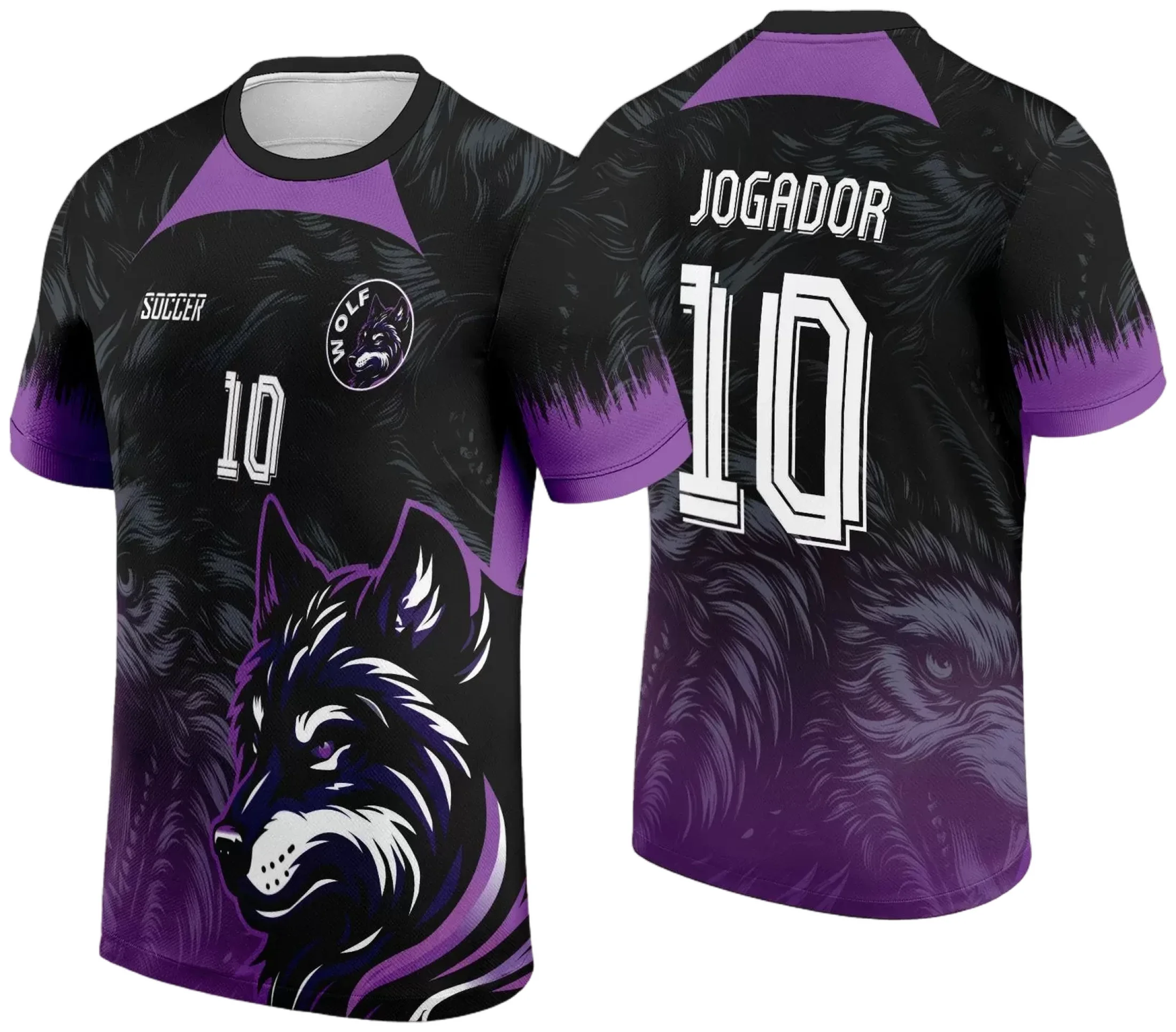 Camiseta preta unissex com logo no peito e estampa grande nas costas mostrando um lobo fox roxo, estilo Interclasse Fox, perfeita para quem busca um visual marcante e moderno.