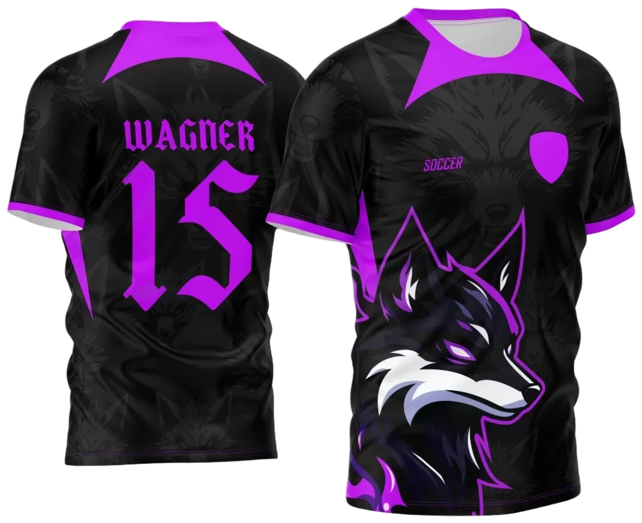 Camiseta unissex preta com logo no peito e estampa grande nas costas, combinando preto e roxo com tema Interclasse Fox moderno e vibrante.