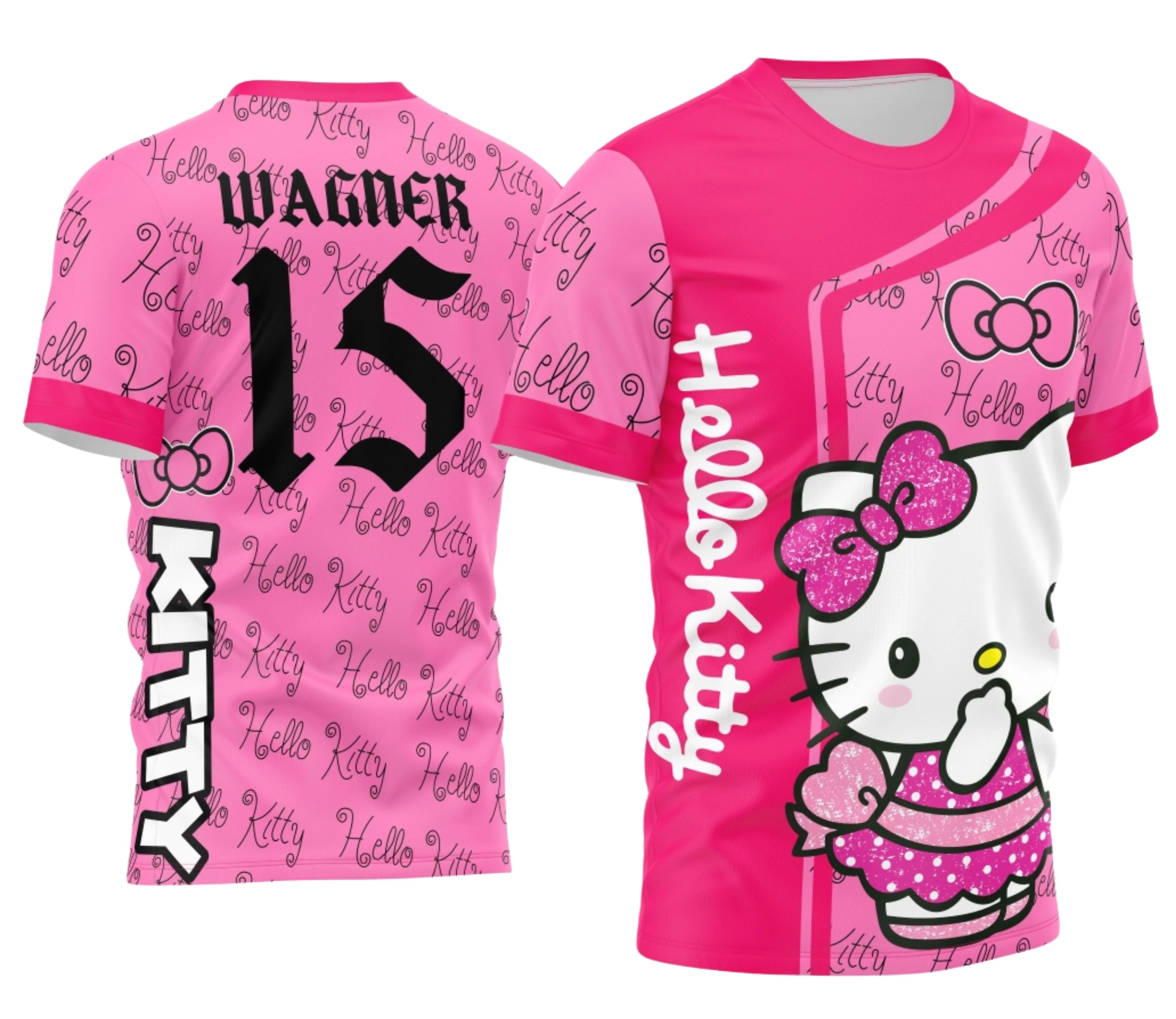 Camiseta unissex branca com logo no peito e estampa grande nas costas do tema Camisa Interclasse Hello Kitty 2024, perfeita para eventos escolares e estilo jovem.