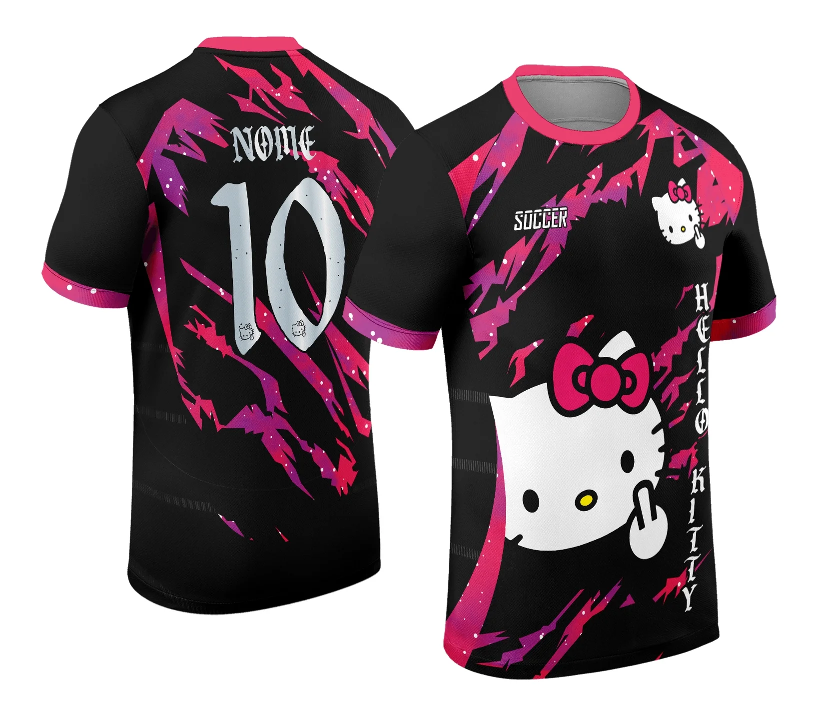 Camiseta unissex branca com logo no peito e estampa grande nas costas com tema Interclasse Hello Kitty 2024, ideal para eventos escolares e turmas personalizadas.