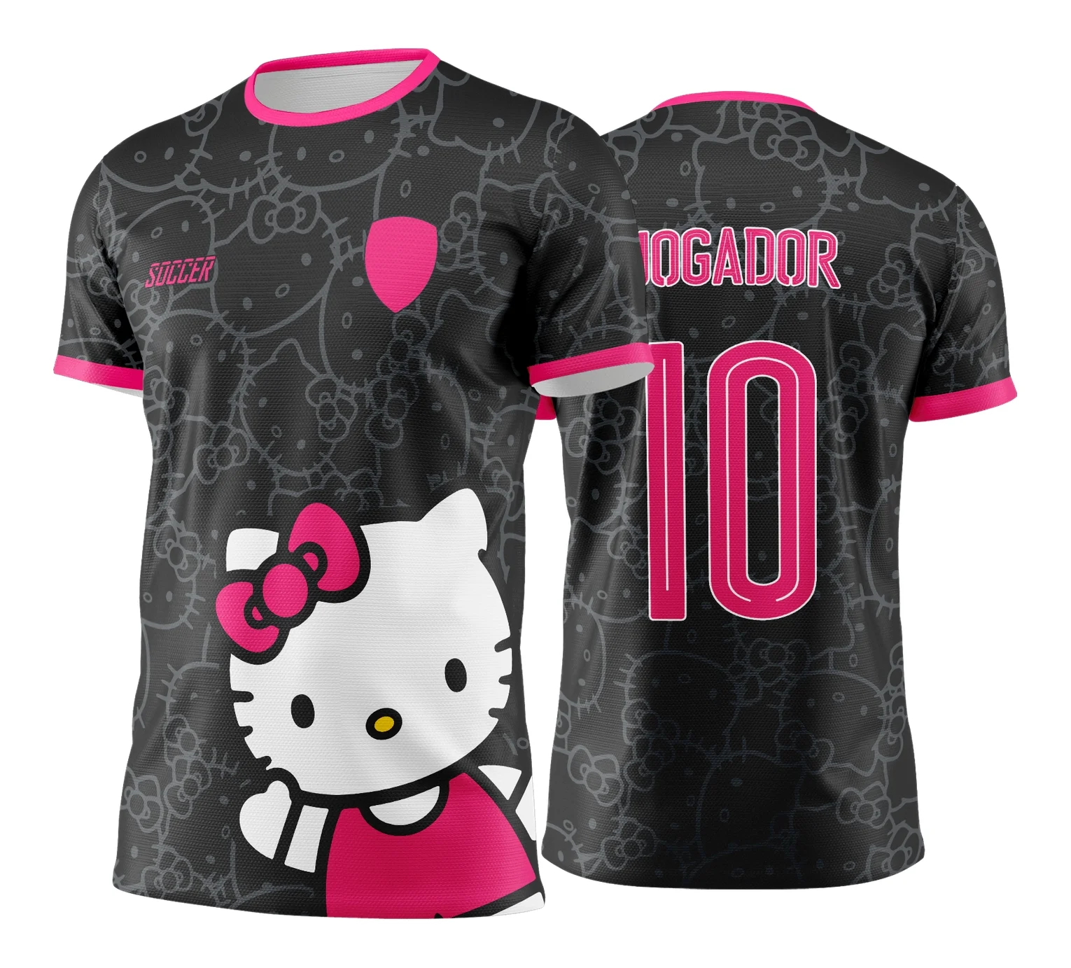 Camiseta unissex preta com logo no peito e estampa grande nas costas do tema Hello Kitty, perfeita para jogos internos 2024-2025, design moderno contrastando com branco.