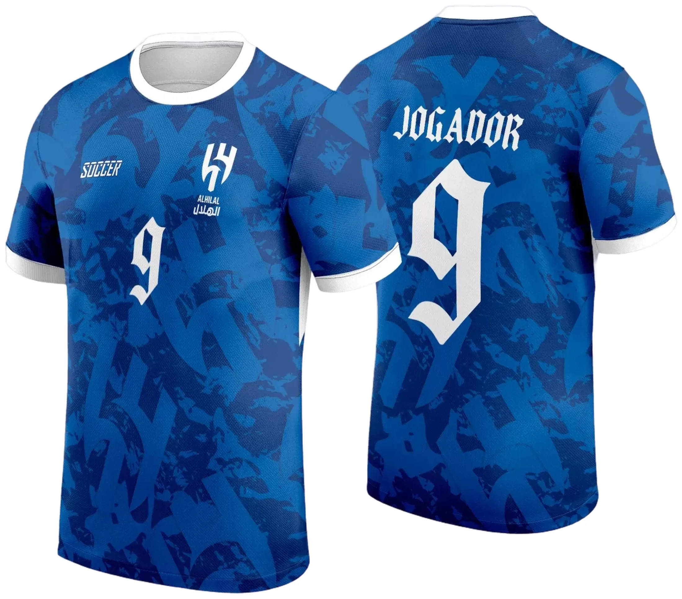 Camiseta unissex branca com logo no peito e estampa grande nas costas inspirada na camisa Interclasse Jogos Internos 2024 Al-Hilal, ideal para eventos esportivos e turmas.
