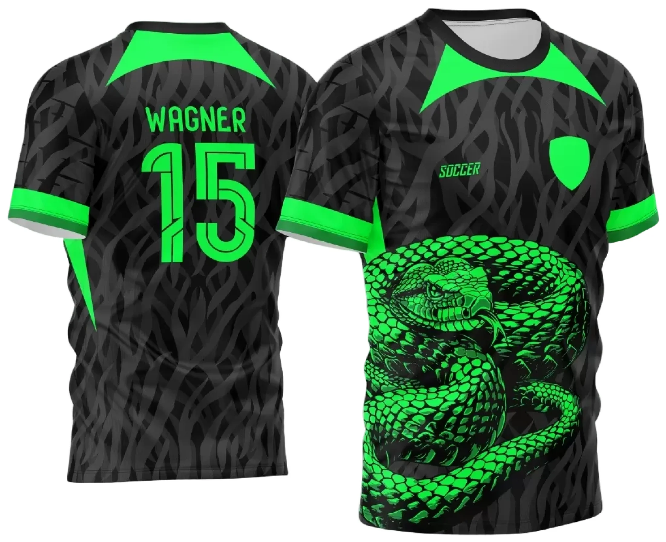 Camiseta unissex preta com logo no peito e estampa grande nas costas de cobra, tema Jogos Internos 2024 Interclasse, design vibrante e esportivo.