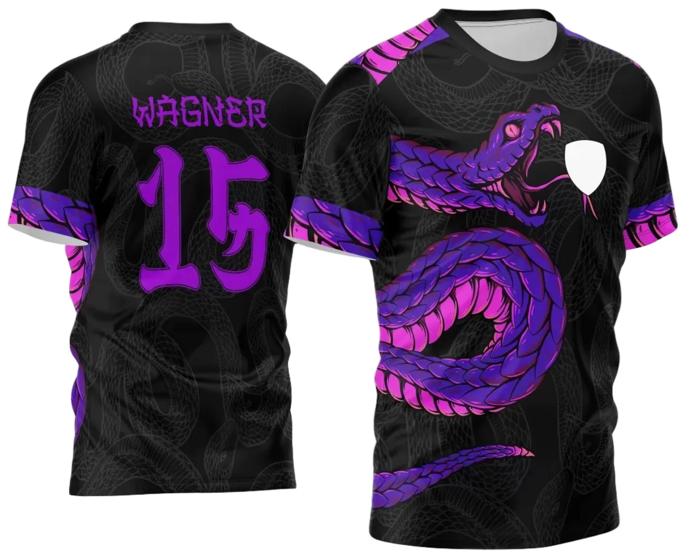 Camiseta unissex preta com logo no peito e estampa grande nas costas, temática Interclasse Jogos Internos 2024 com cobra, ideal para uso em eventos escolares e esportivos.