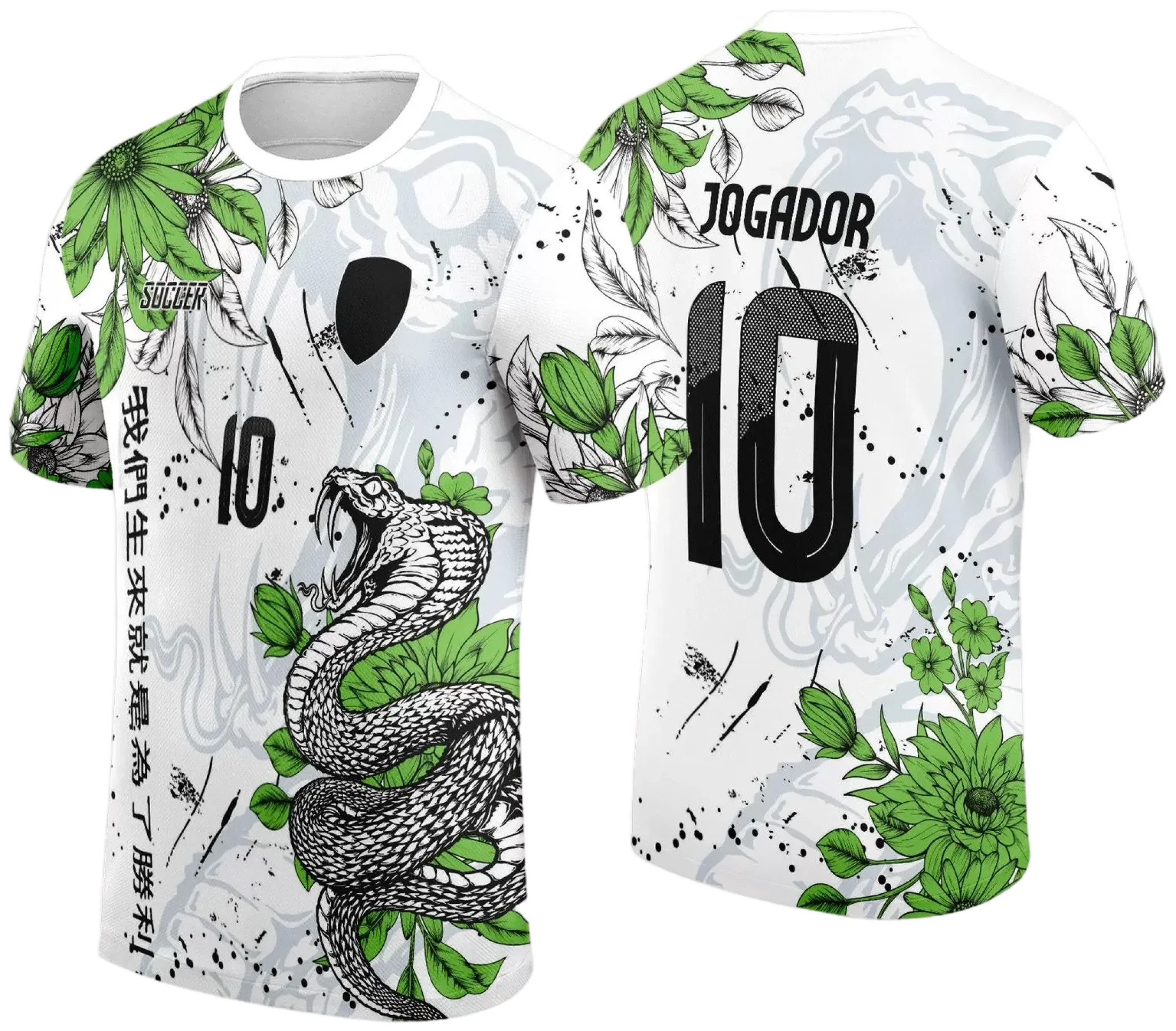 Camiseta unissex preta com logo no peito e estampa grande nas costas mostrando uma cobra serpente para os Jogos Internos Interclasse 2024, design moderno e vibrante.