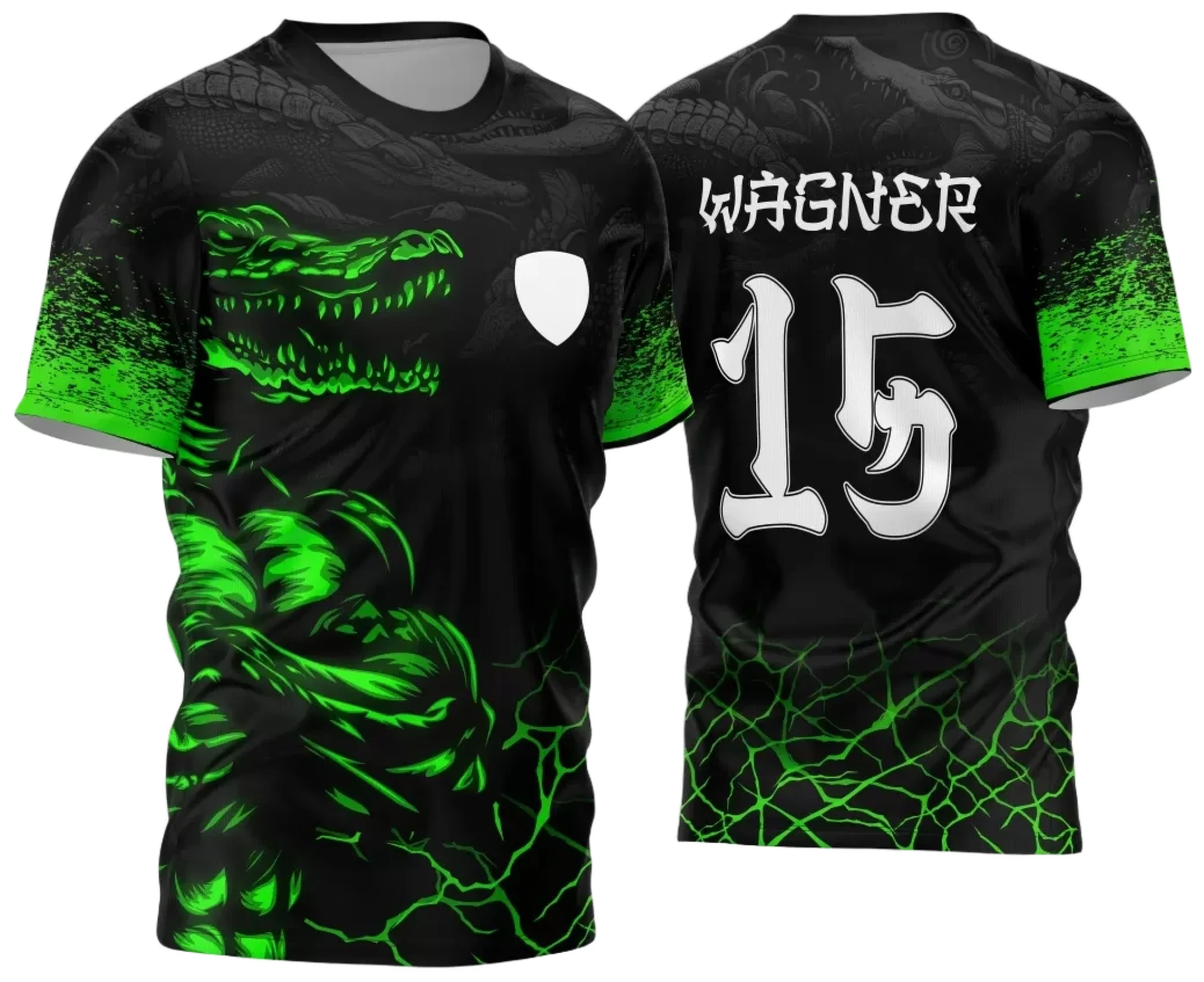 Camiseta unissex preta com logo no peito e estampa grande nas costas, tema Interclasse Jogos Internos 2024 com desenho de crocodilo, ideal para eventos esportivos e times escolares.