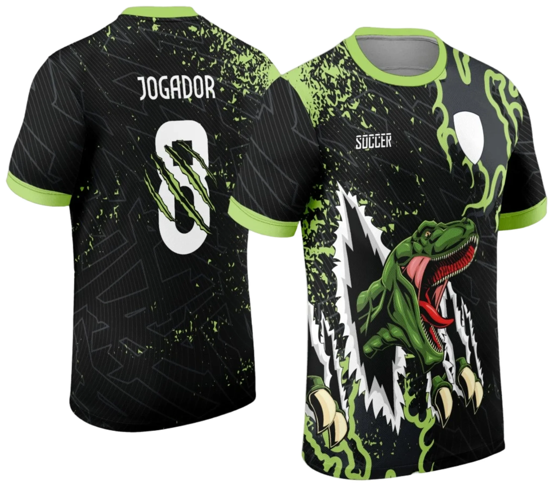 Camiseta unissex preta com logo no peito e estampa grande nas costas com tema Dino para Jogos Internos Interclasse 2024