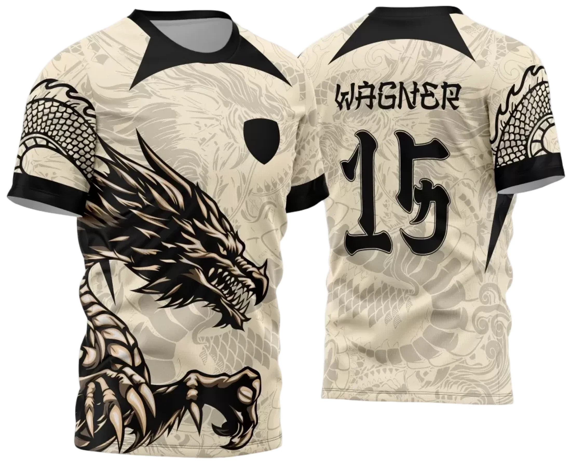 Camiseta unissex preta com logo no peito e estampa grande nas costas com tema Dragão dos Jogos Internos Interclasse 2024