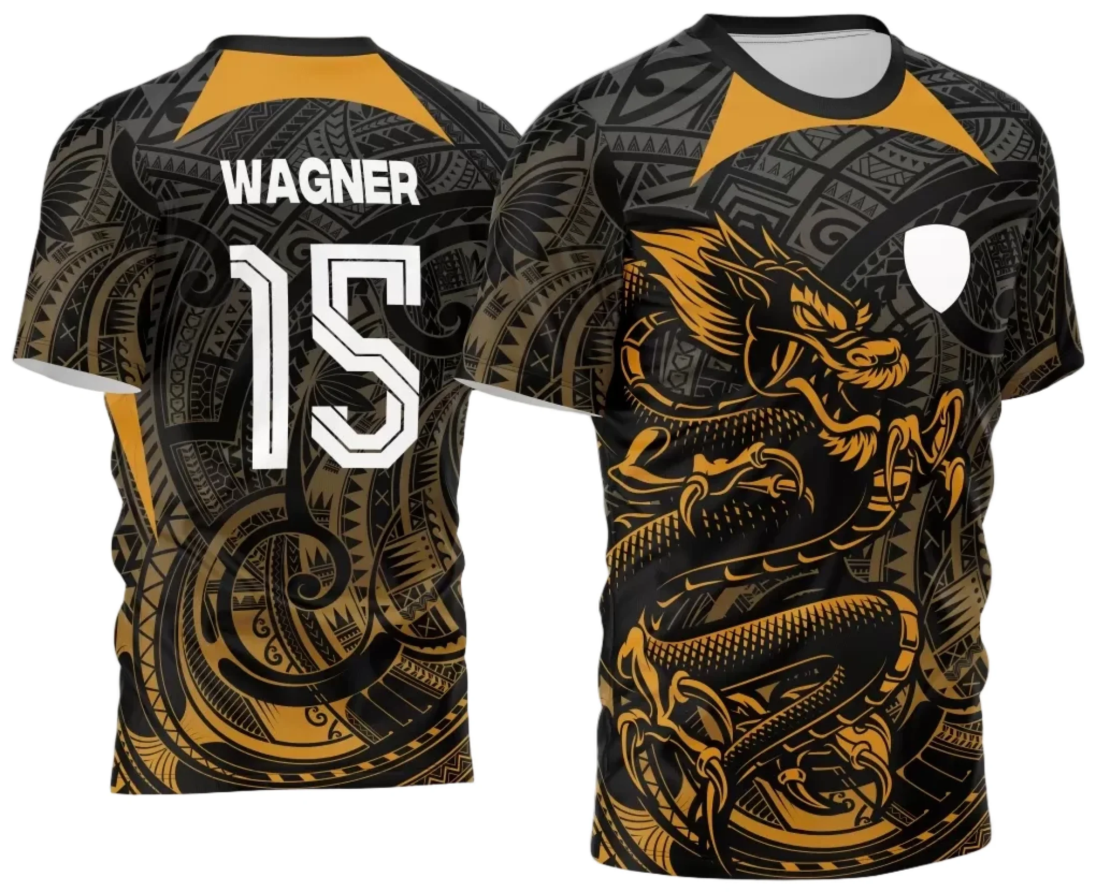 Camiseta unissex preta com logo no peito e estampa grande nas costas tema Dragão para Jogos Internos 2024 interclasse, design vibrante e moderno para evento escolar.