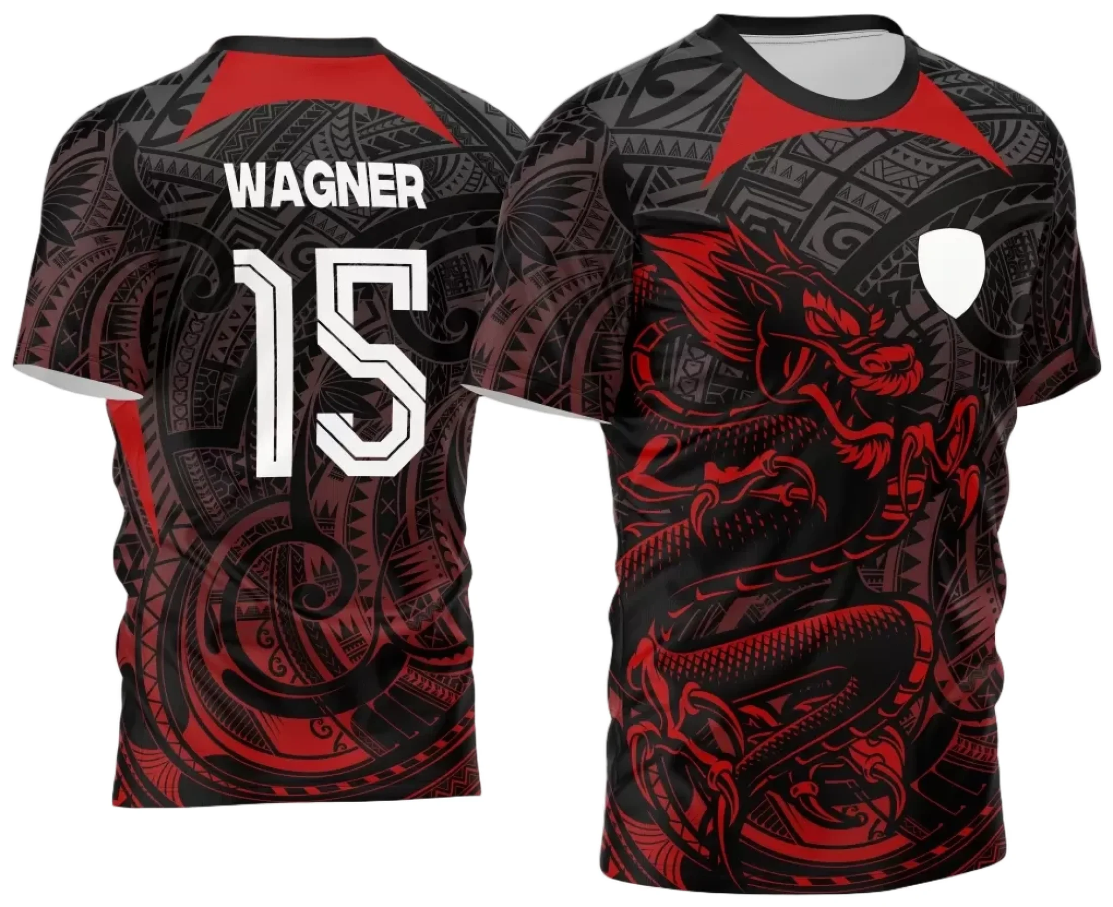 Camiseta unissex preta com logo no peito e estampa grande nas costas com o tema Dragão dos Jogos Internos Interclasse 2024, ideal para eventos esportivos e confraternizações.