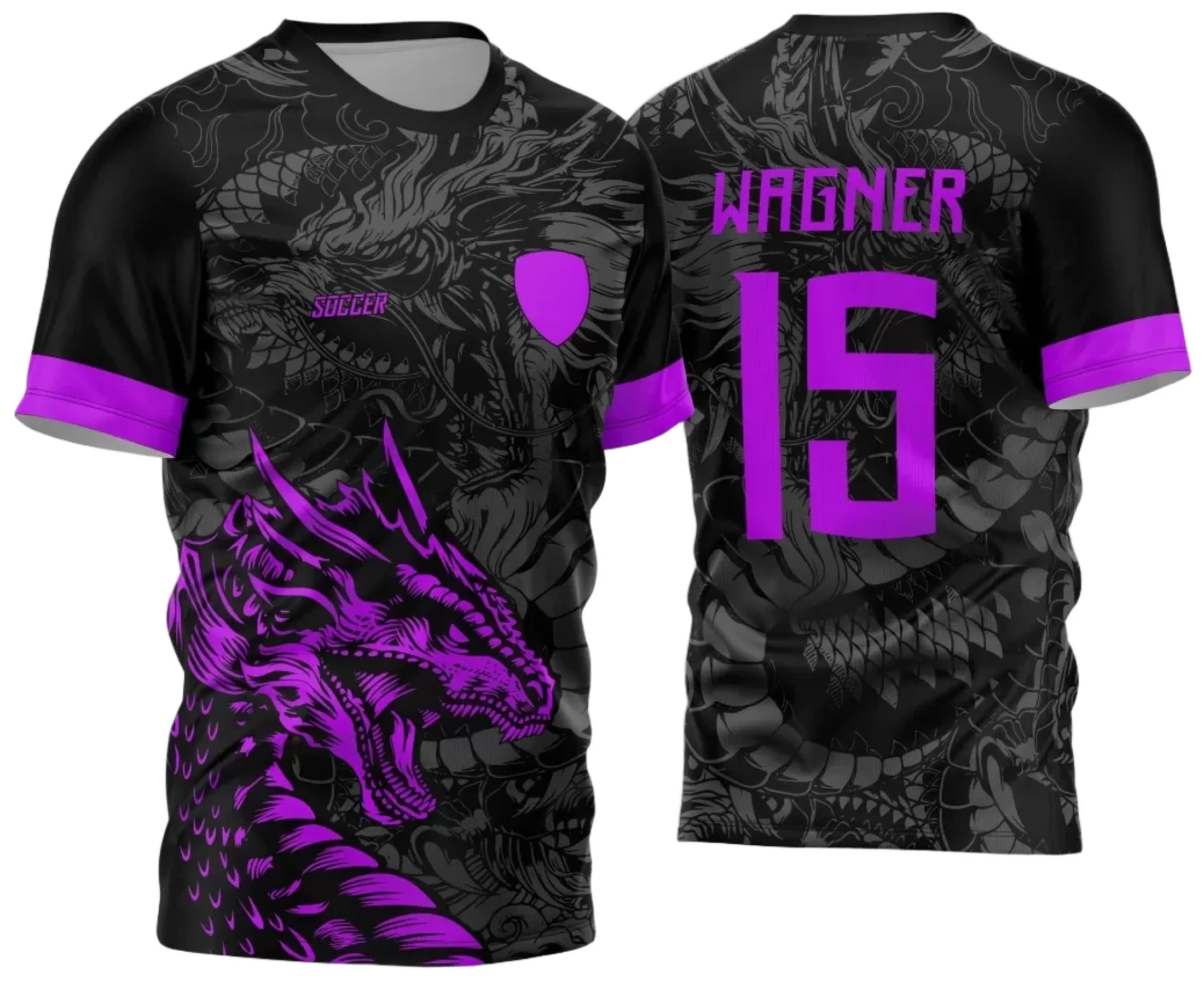 Camiseta unissex preta com logo no peito e estampa grande nas costas, tema Dragão para Jogos Internos 2024, perfeita para o interclasse e eventos esportivos.