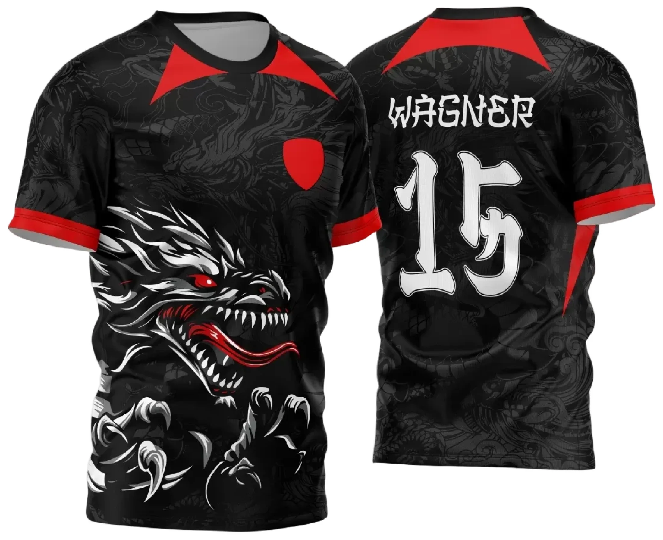 Camiseta unissex preta com logo no peito e estampa grande nas costas com tema Dragão Cinza dos Jogos Internos Interclasse 2024, estilo moderno e vibrante.