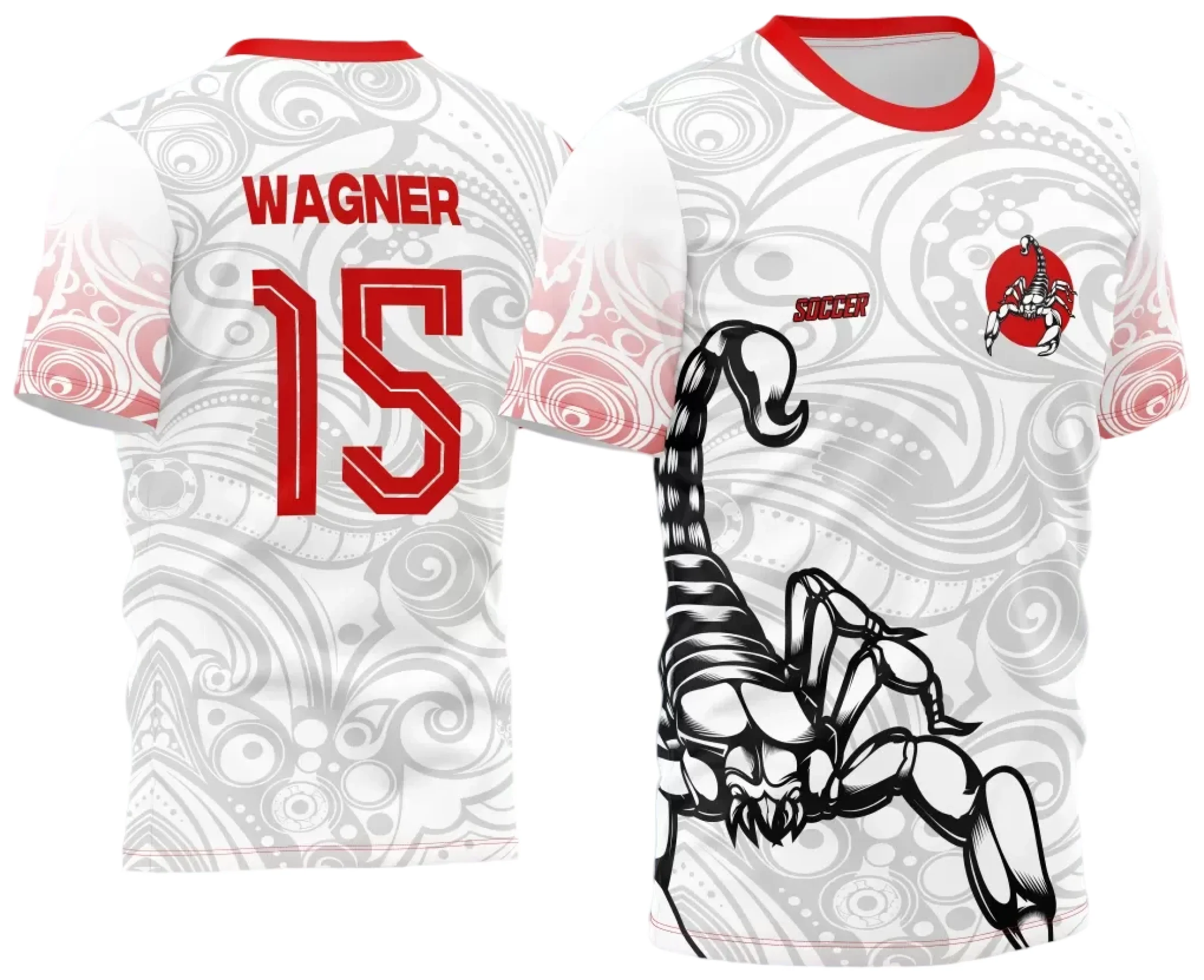 Camiseta unissex preta com logo no peito e estampa grande nas costas destacando o signo Escorpião, ideal para Jogos Internos 2024, estilo competitivo e vibrante.