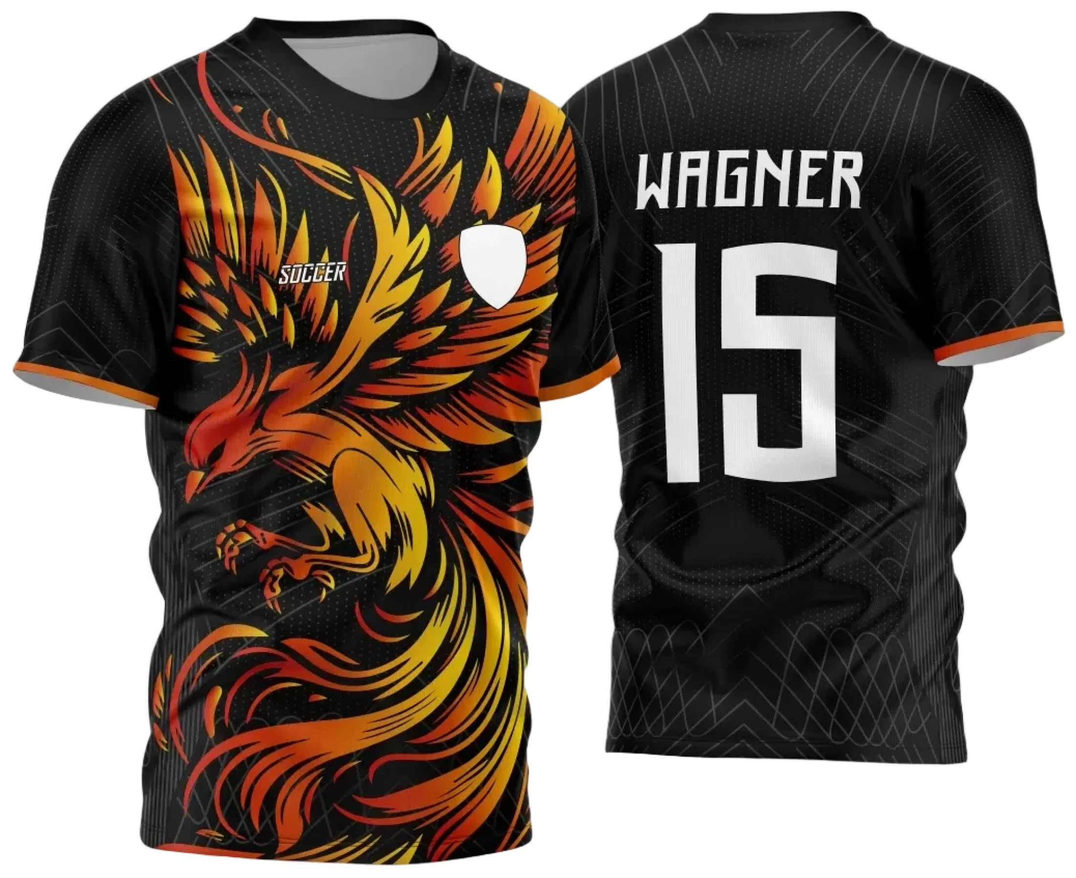 Camiseta unissex preta com logo no peito e estampa grande nas costas, com design inspirado no Interclasse Jogos Internos 2024 da equipe Fênix, ideal para eventos esportivos.