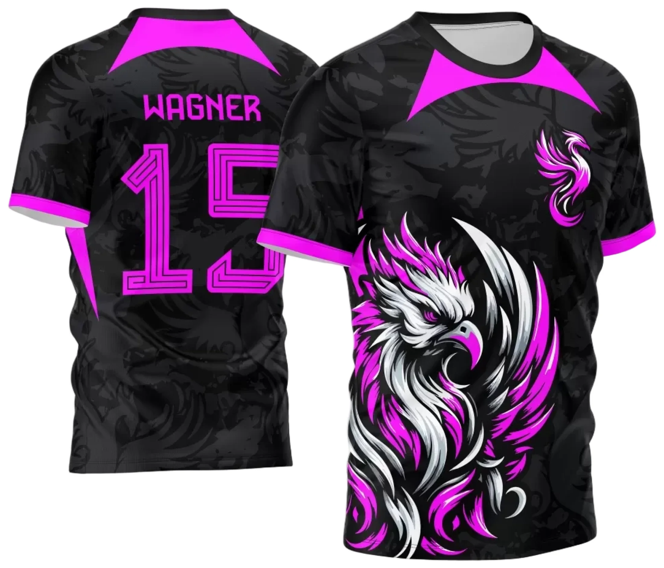 Camiseta unissex branca com logo no peito e estampa grande nas costas dos Jogos Internos Interclasse 2024 Fênix, com design moderno e vibrante, perfeita para eventos esportivos.