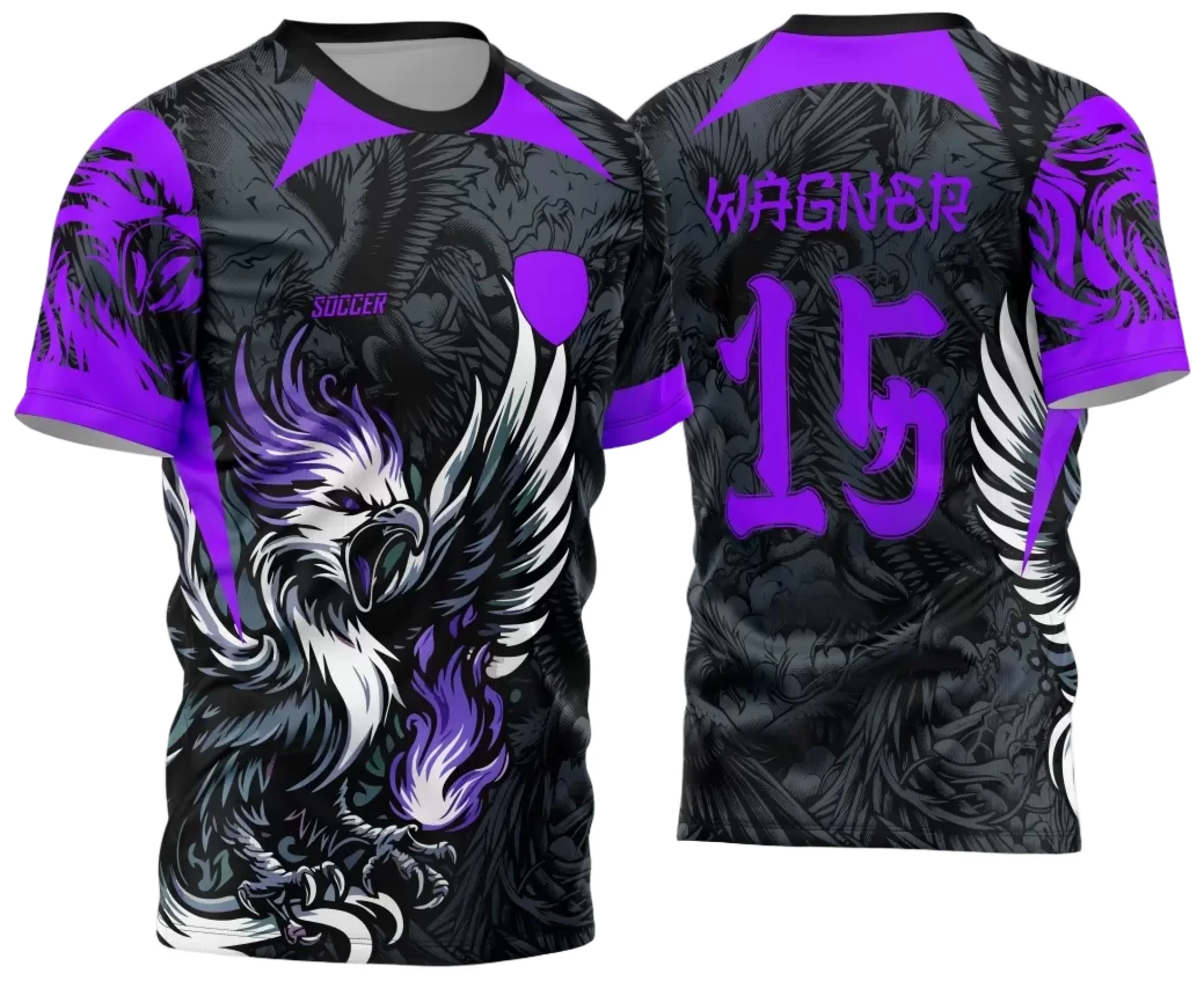 Camiseta unissex preta com logo no peito e estampa grande nas costas homenageando o Interclasse Jogos Internos 2024 com tema Fênix Roxa, ideal para eventos esportivos e turmas escolares.