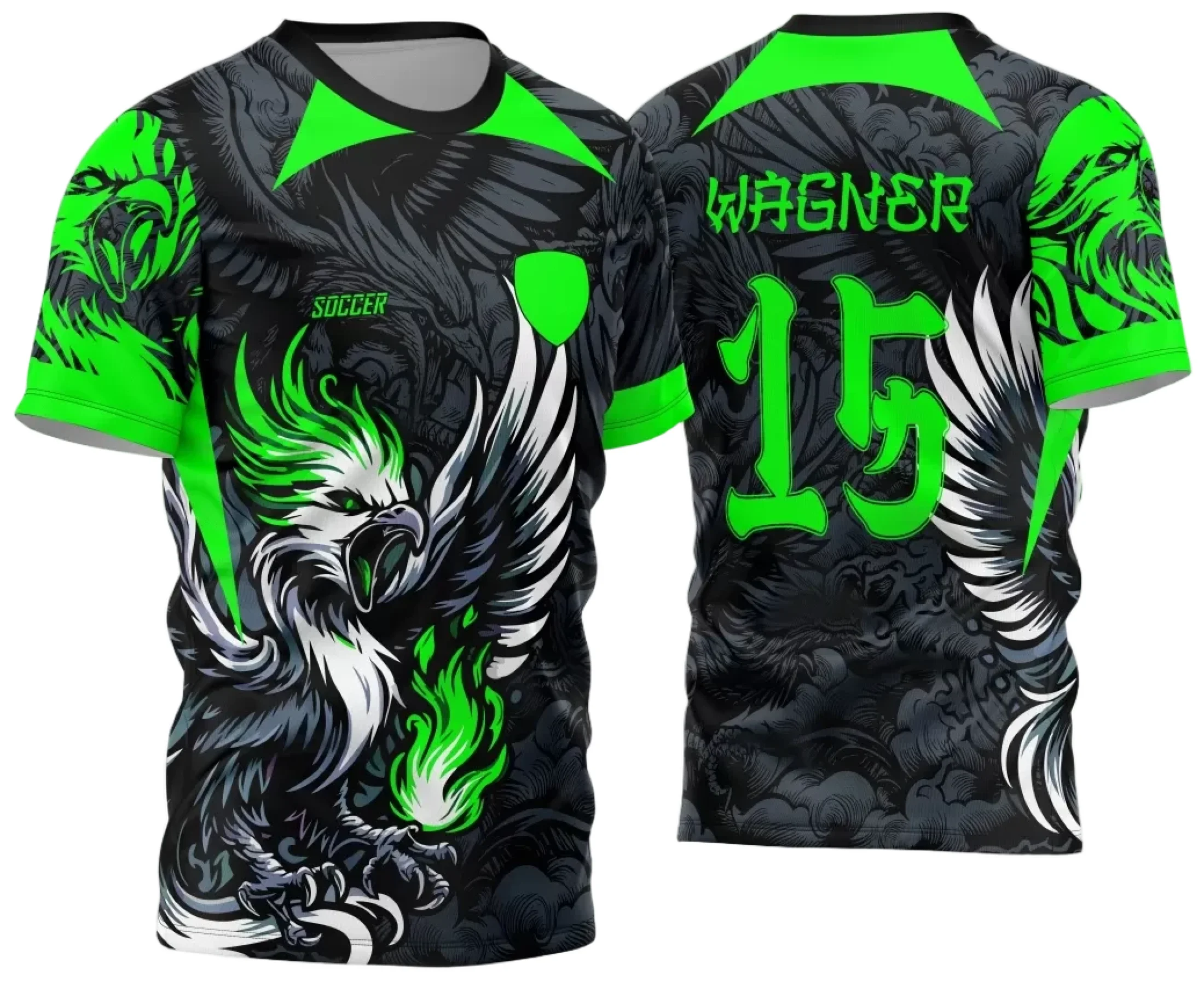 Camiseta unissex preta com logo no peito e estampa grande nas costas com tema Interclasse Jogos Internos 2024 Fênix Verde, ideal para eventos esportivos e times escolares.