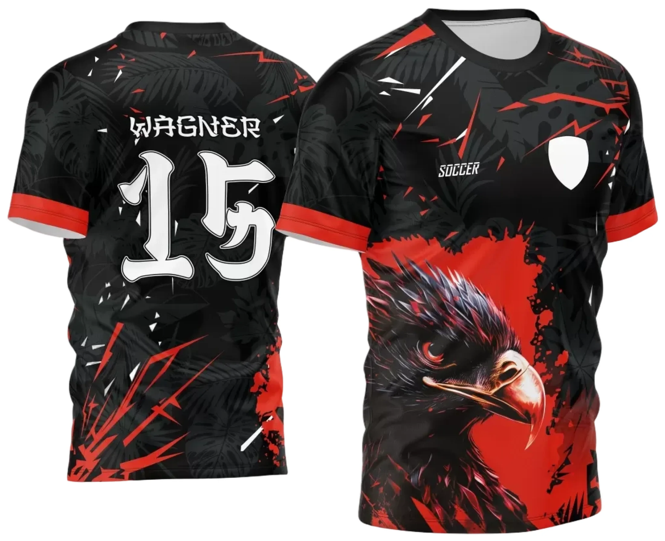 Camiseta unissex preta com logo no peito e estampa grande nas costas, tema Interclasse Jogos Internos 2024 Águia Vermelha, ideal para eventos escolares e esportivos.