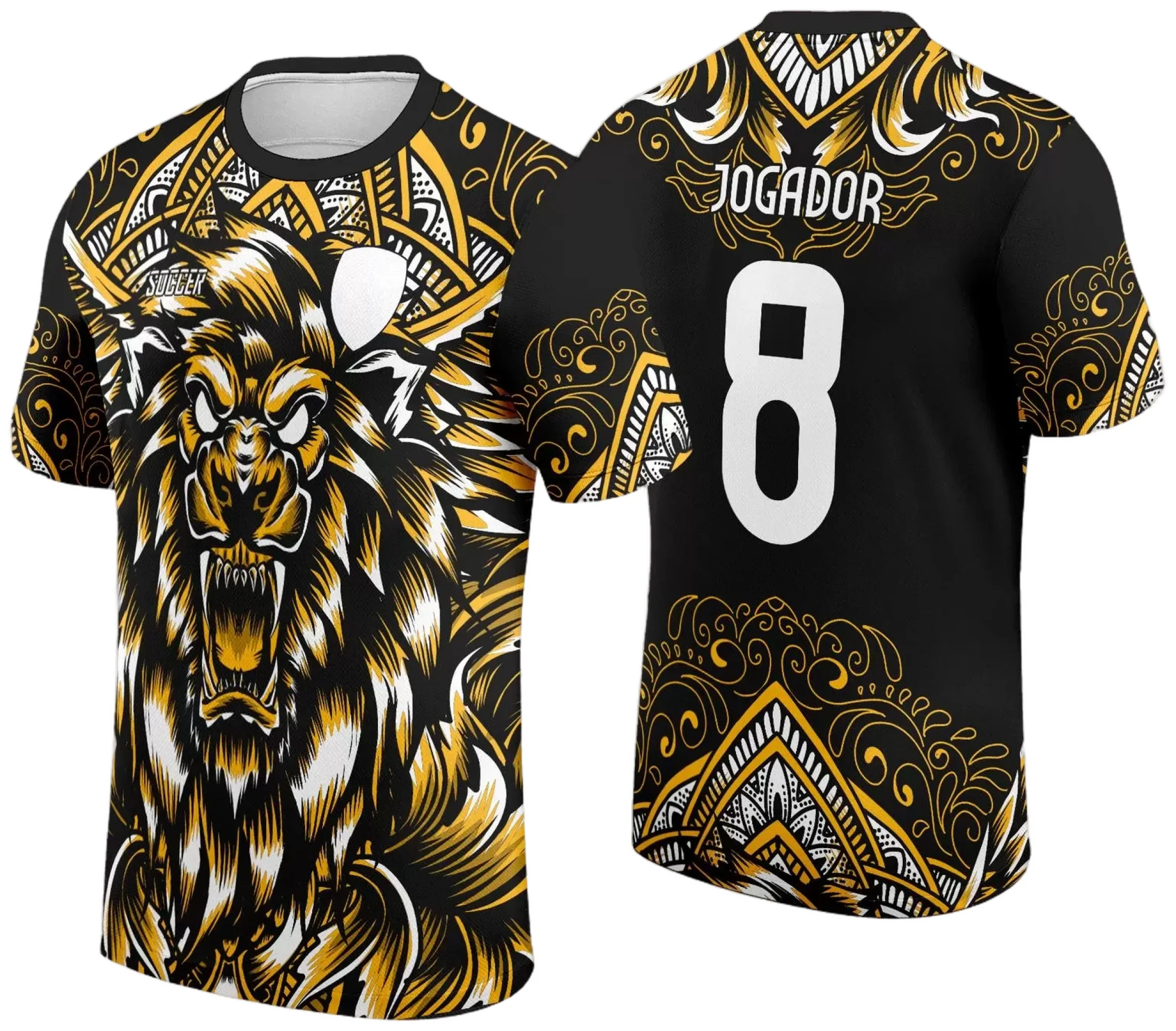 Camiseta unissex preta com logo no peito e estampa grande nas costas com tema Interclasse Jogos Internos 2024 Leão, perfeita para eventos esportivos escolares.