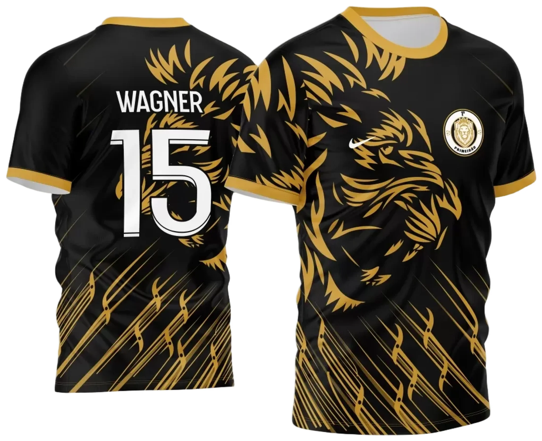 Camiseta unissex preta com logo no peito e estampa grande nas costas, tema Interclasse Jogos Internos 2024 Leão Dourado, design moderno e vibrante para eventos esportivos e equipes.