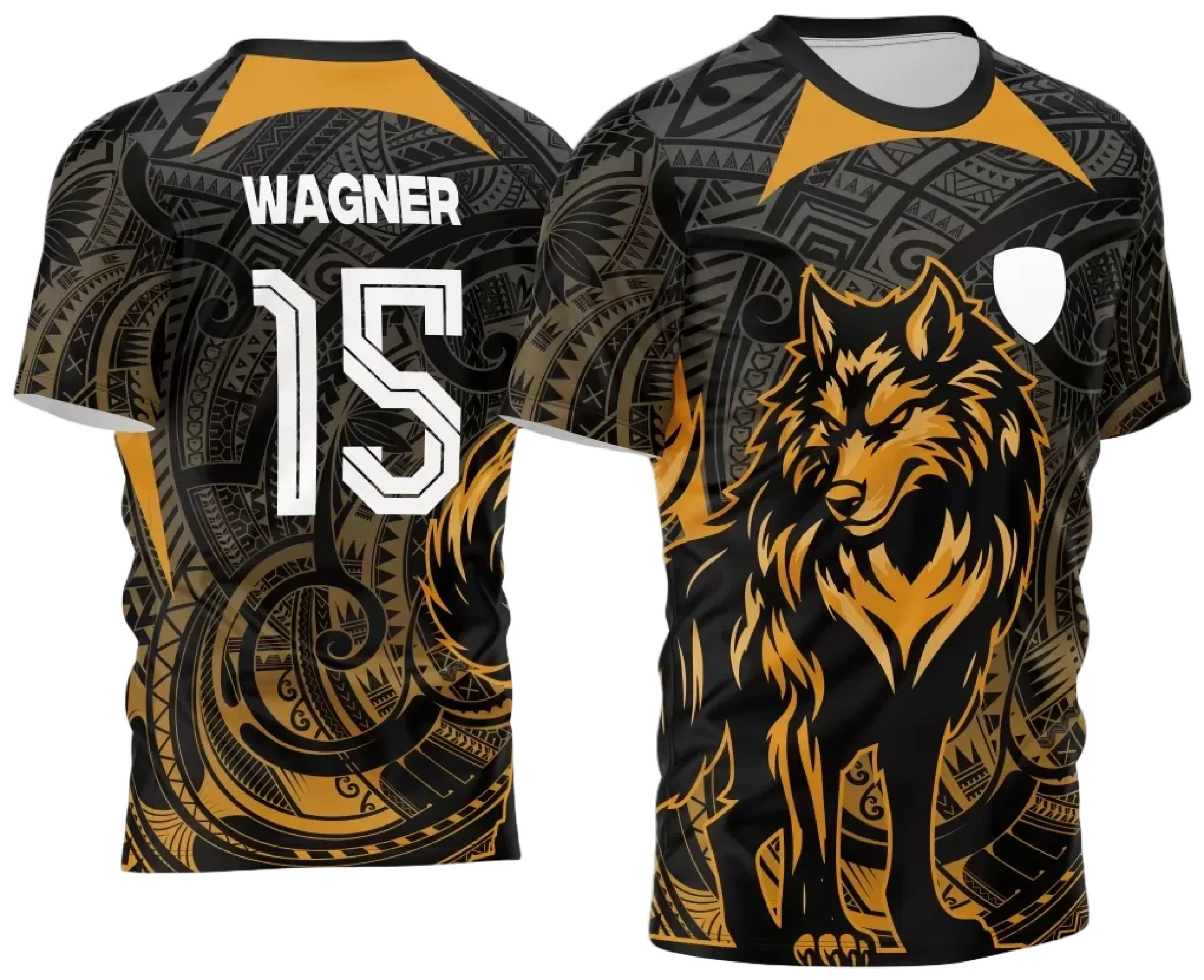 Camiseta unissex preta com logo no peito e estampa grande nas costas sobre o tema dos Jogos Internos Interclasse 2024 com o símbolo do Lobo, ideal para eventos esportivos e escolares.