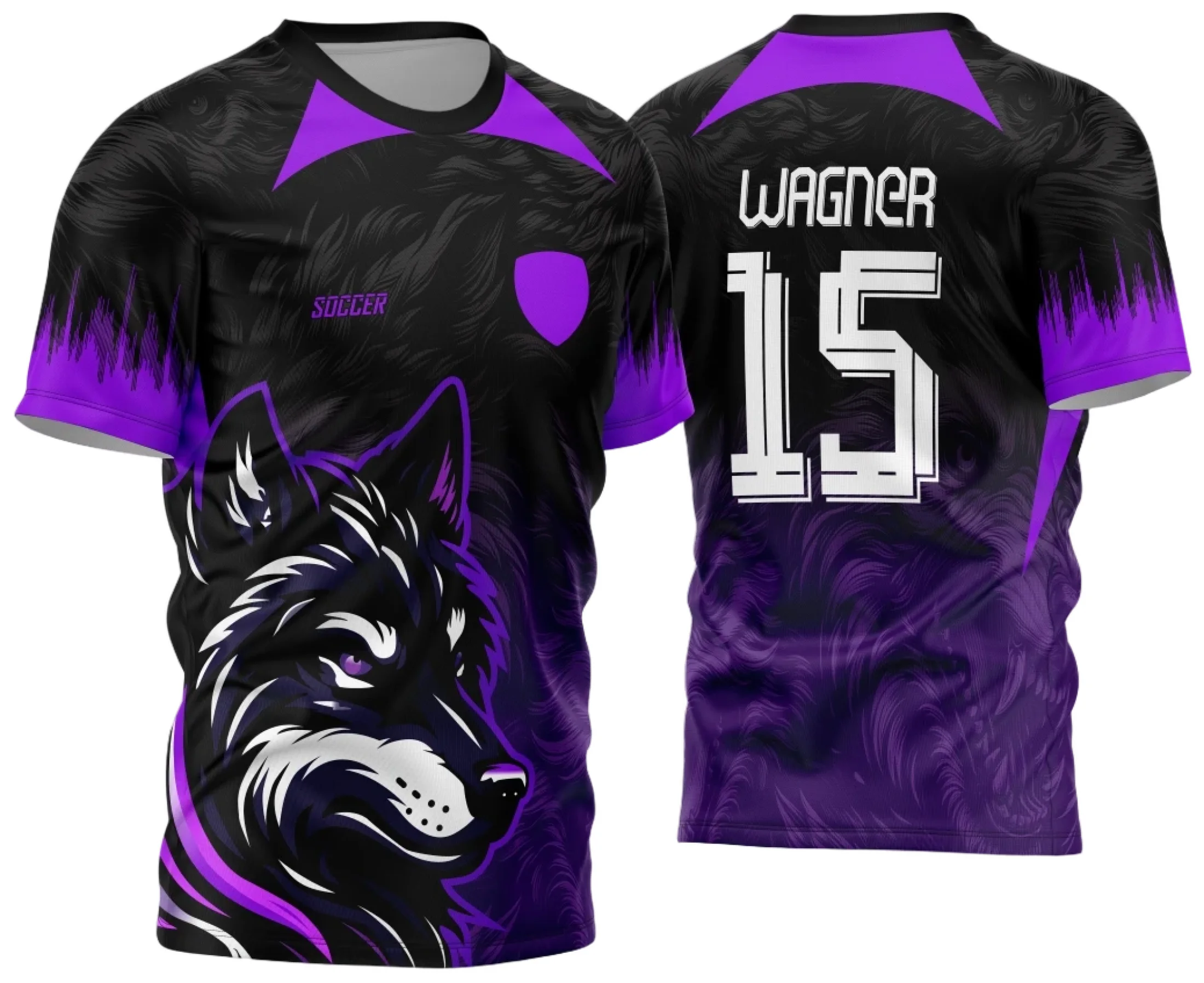 Camiseta unissex preta com logo no peito e estampa grande nas costas tema Interclasse Jogos Internos 2024 Lobo Roxo, ideal para eventos esportivos escolares e confraternizações.