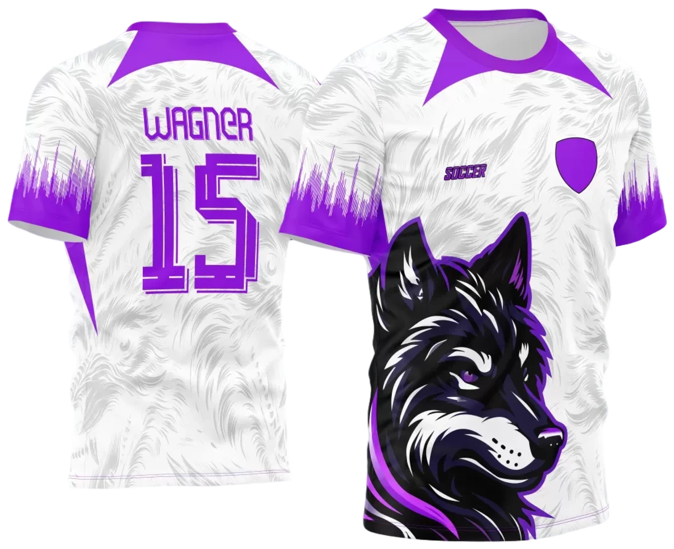 Camiseta unissex com cor base preta, logo no peito e estampa grande nas costas com tema Interclasse Jogos Internos 2024 Lobo Roxo, perfeita para eventos esportivos e confraternizações.