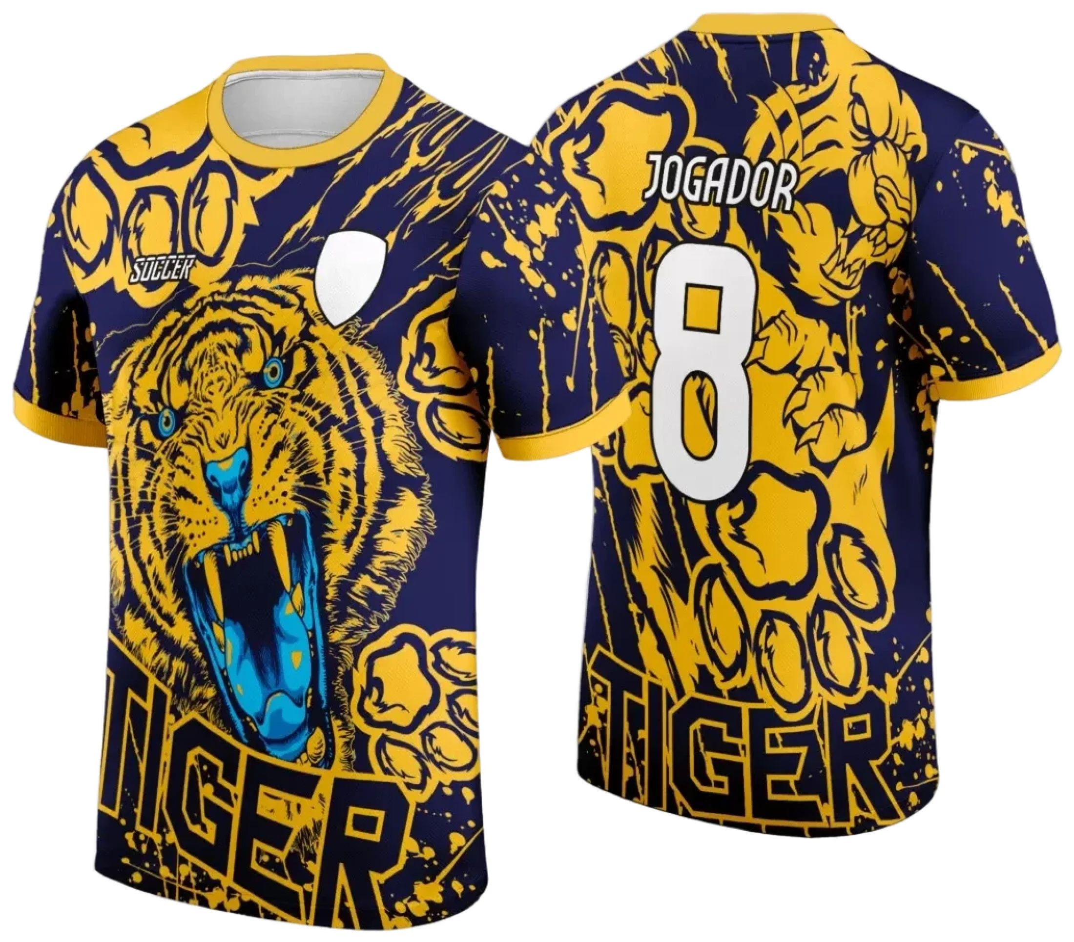 Camiseta unissex preta com logo no peito e estampa grande nas costas temática dos Jogos Internos 2024 com o símbolo do Tigre em destaque.