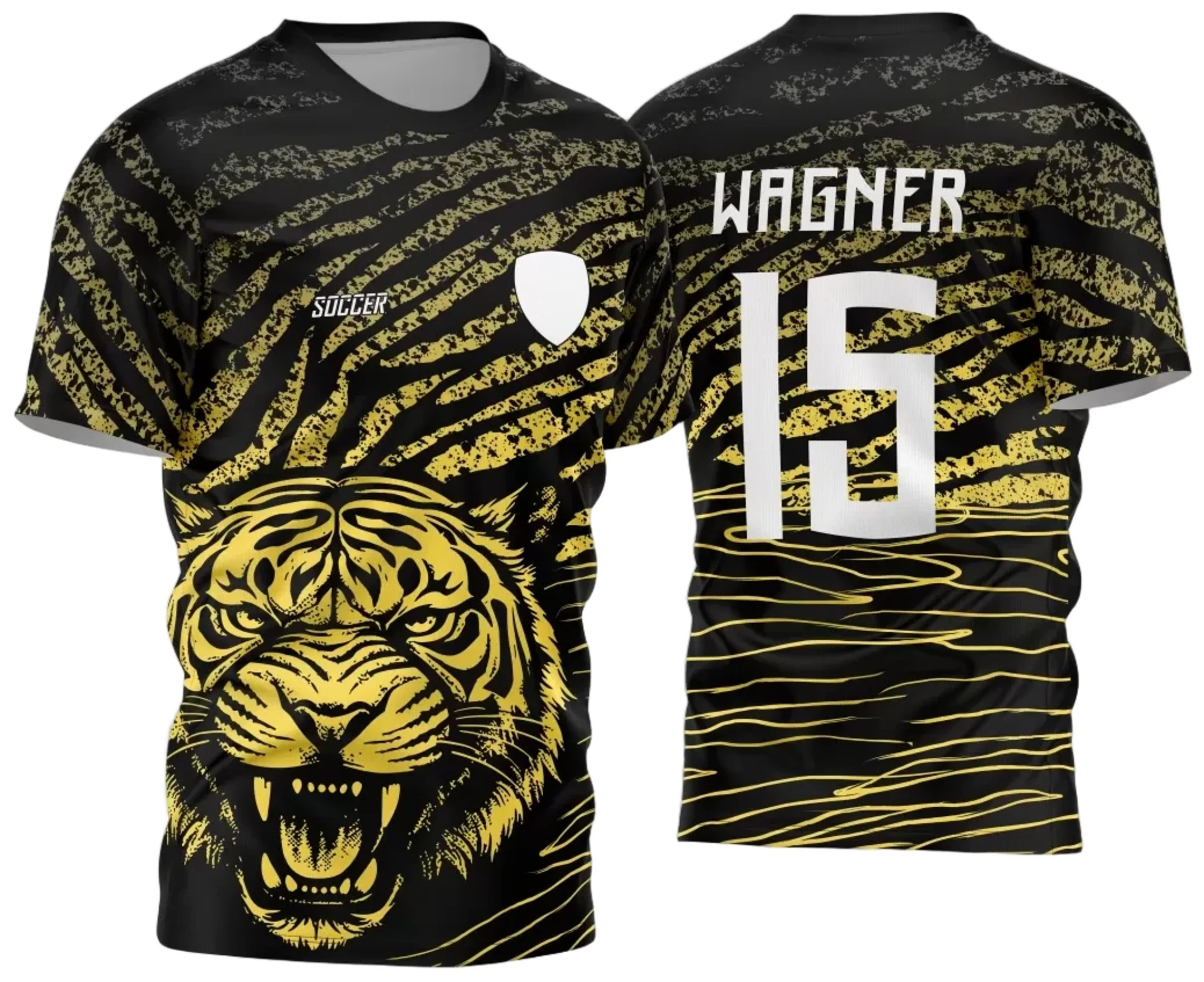 Camiseta unissex com cor base preta, logo no peito e estampa grande nas costas, tema Interclasse Jogos Internos 2024 com desenho de Tigre para evento escolar e esportivo.