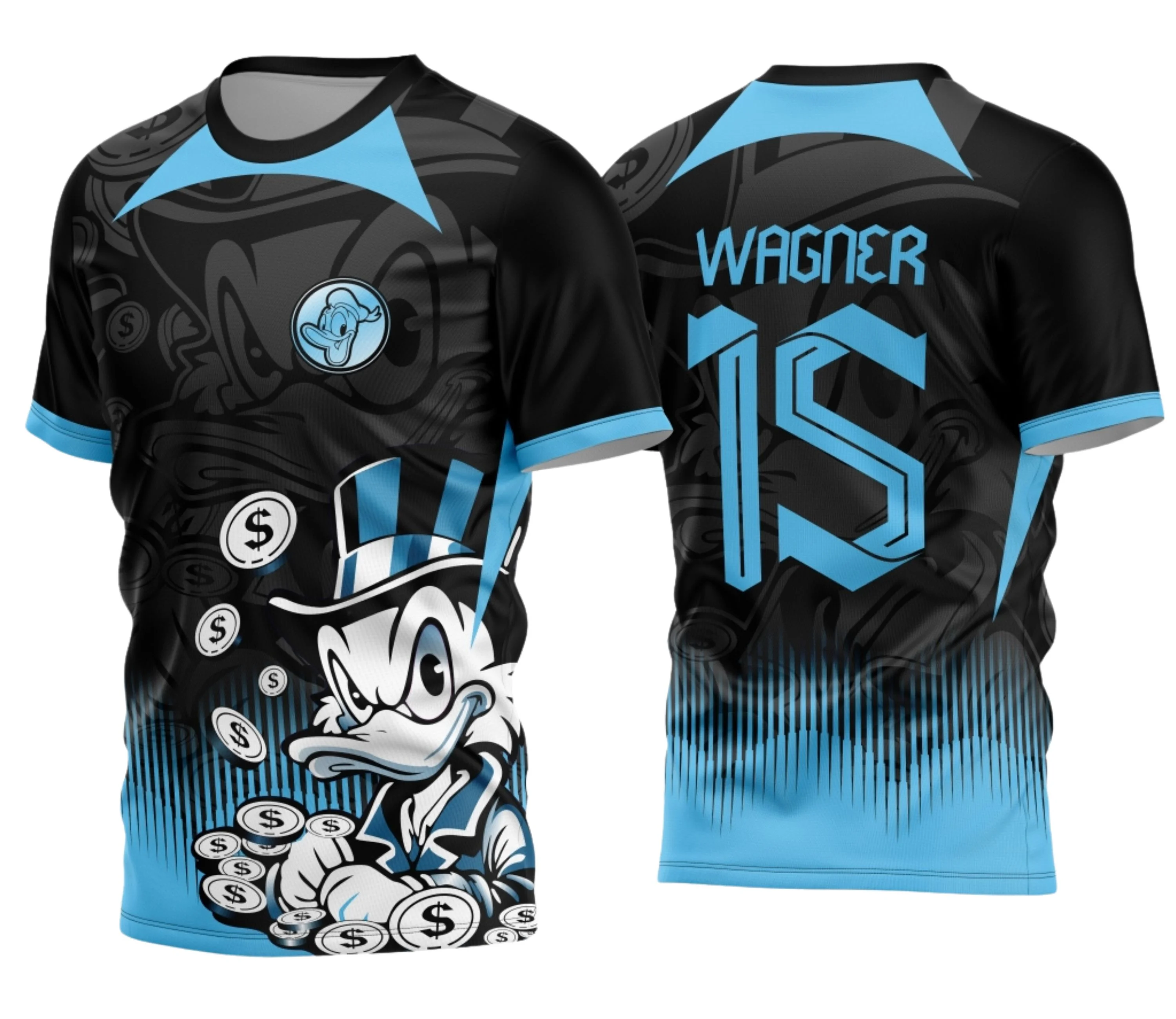 Camiseta unissex preta com logo no peito e estampa grande nas costas inspirada nos Jogos Internos Interclasse 2024 com tema do Tio Patinhas, perfeita para eventos esportivos e confraternizações.