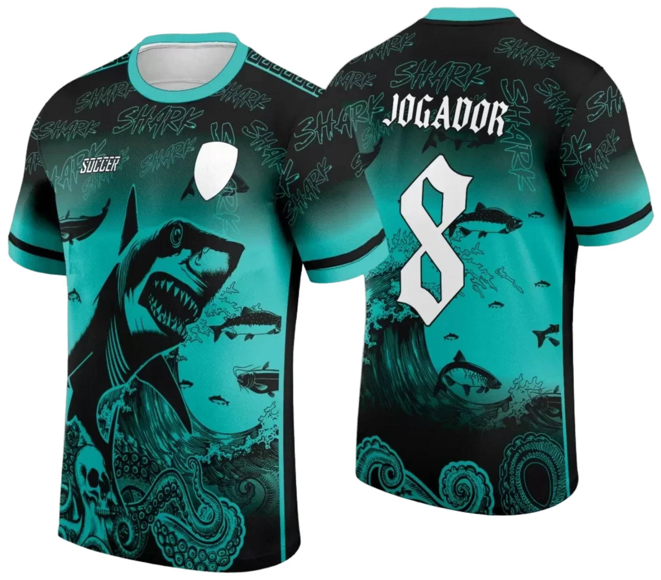 Camiseta unissex branca com logo no peito e estampa grande nas costas destacando o tema Jogos Internos 2024 com Tubarão, ideal para eventos escolares e esportivos.