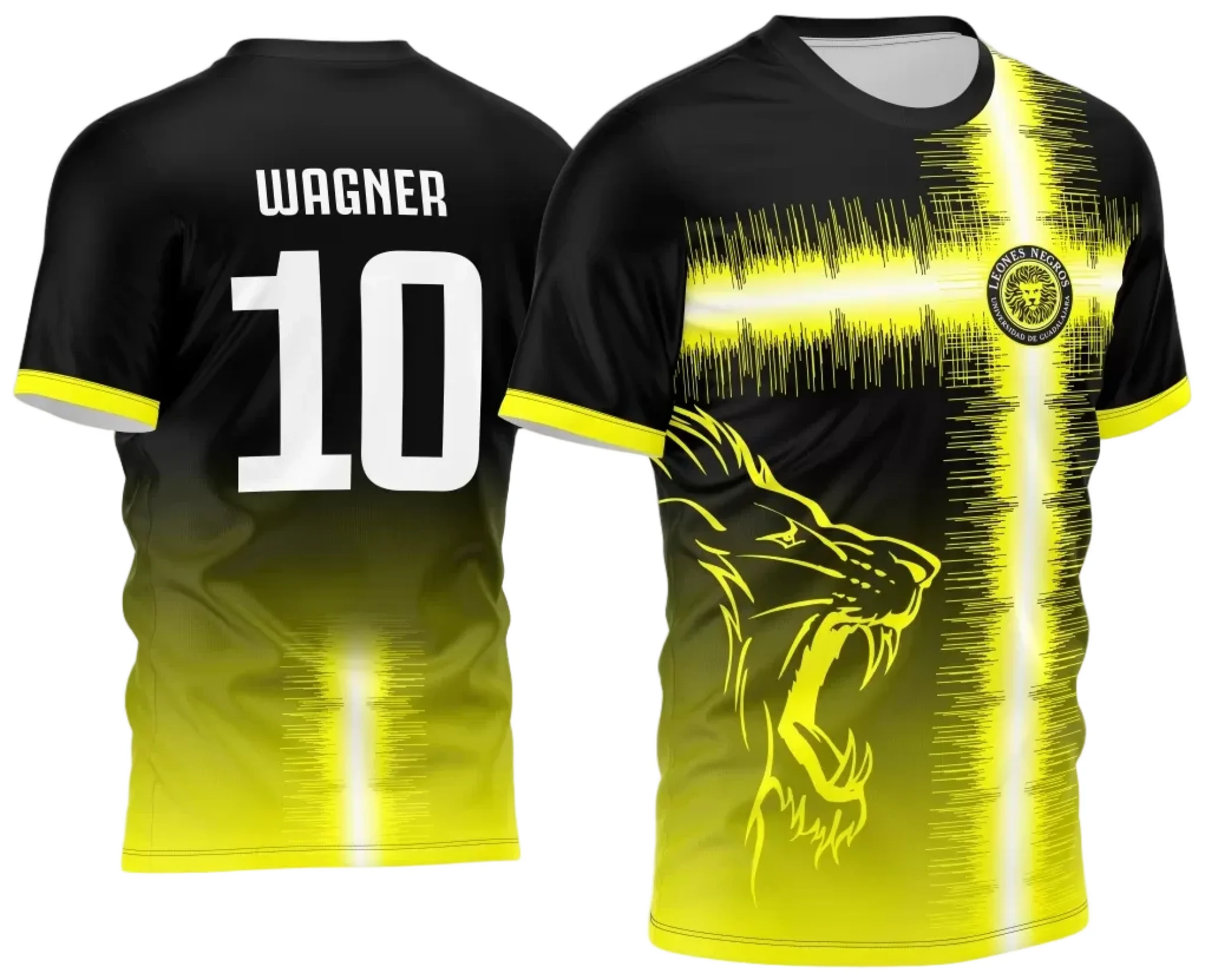 Camiseta unissex amarela com logo no peito e estampa grande nas costas com tema Interclasse Leão 2024, ideal para uso em eventos escolares ou esportivos.