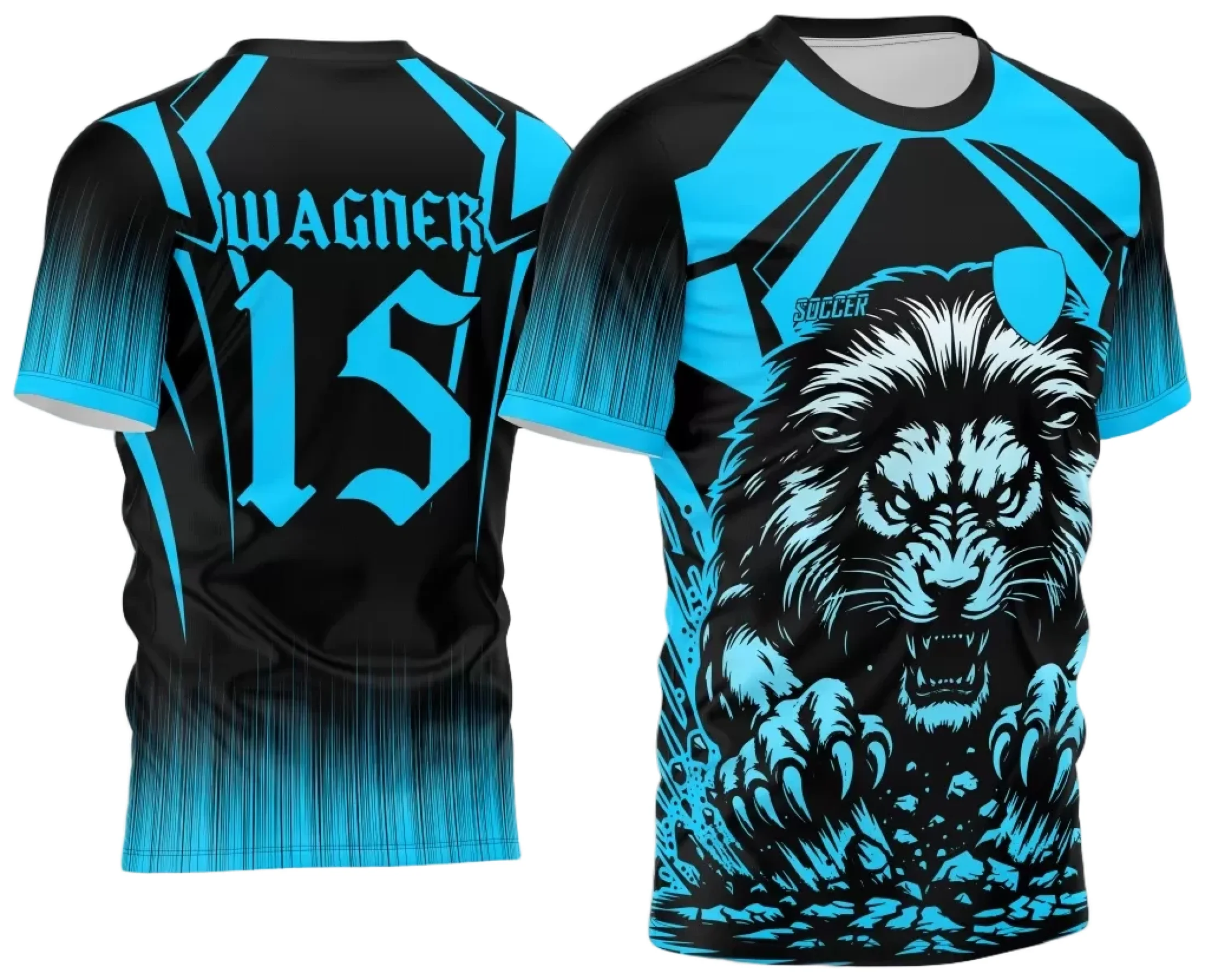 Camiseta unissex preta com logo no peito Leão 2024 e estampa grande nas costas com tema Interclasse Leão 2024 em azul vibrante