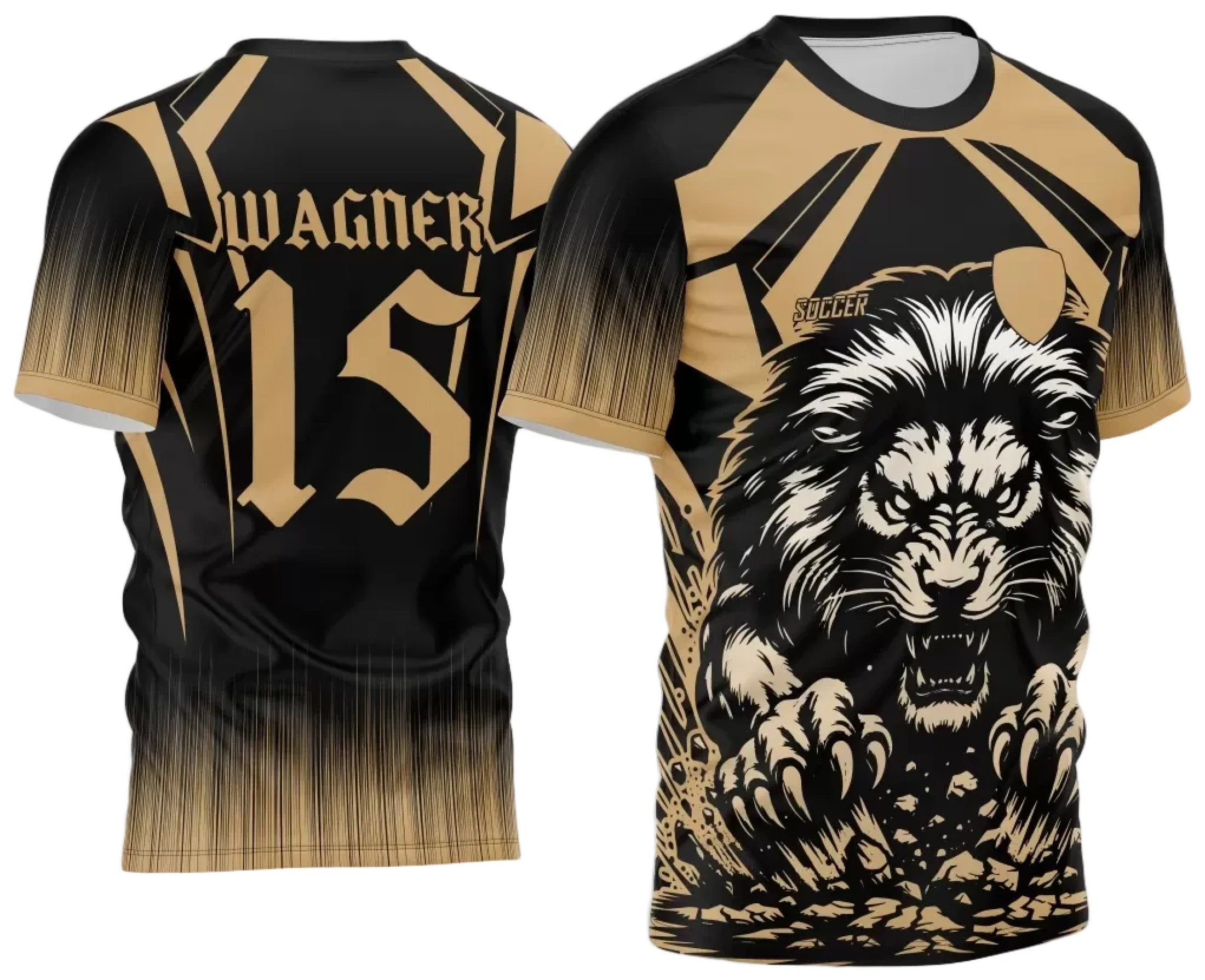 Camiseta unissex preta com logo no peito e estampa grande nas costas do Leão Interclasse 2024 em dourado, ideal para turmas e eventos comemorativos.