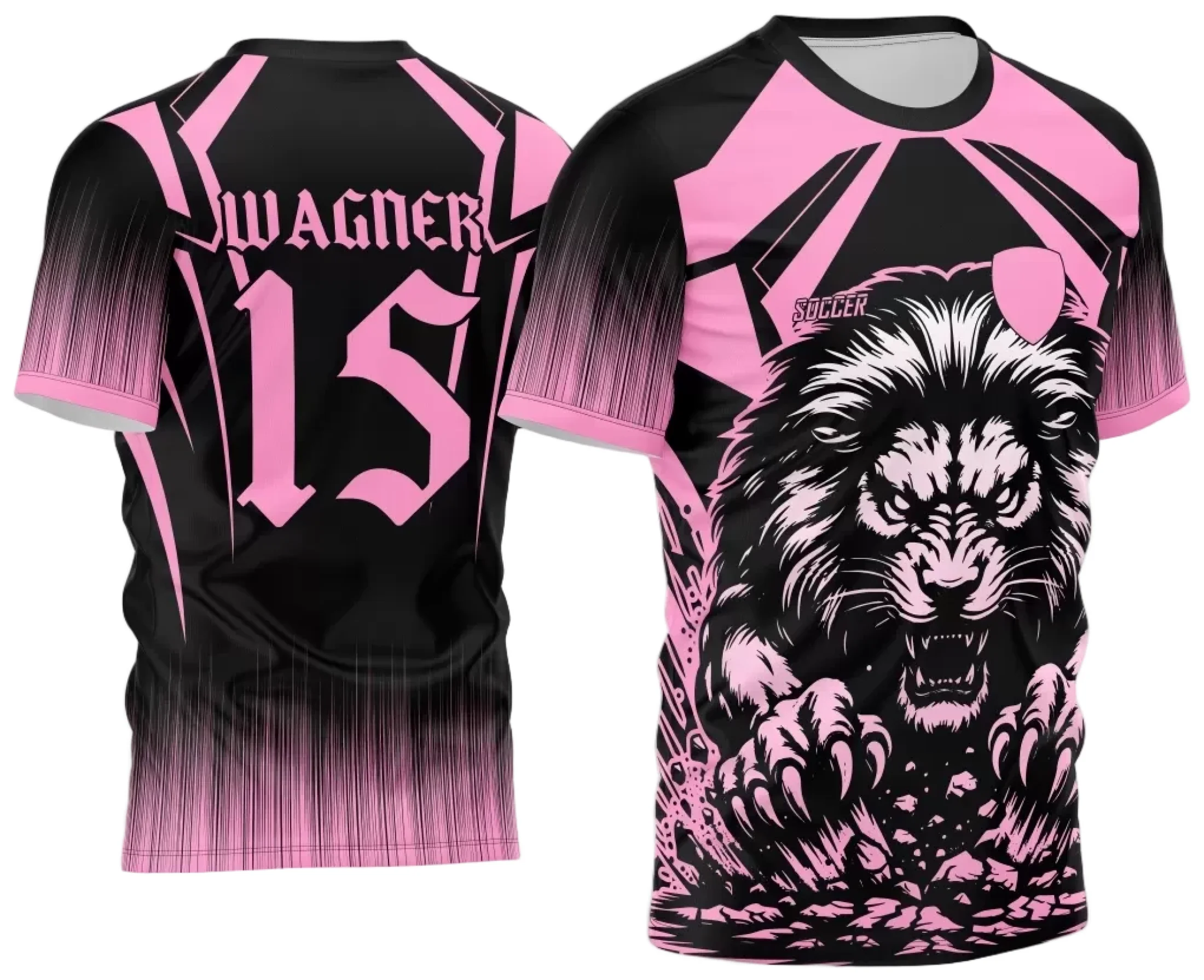 Camiseta unissex cor branca com logo no peito e estampa grande nas costas do Leão 2024 em rosa, perfeita para eventos interclasses e estilo urbano.