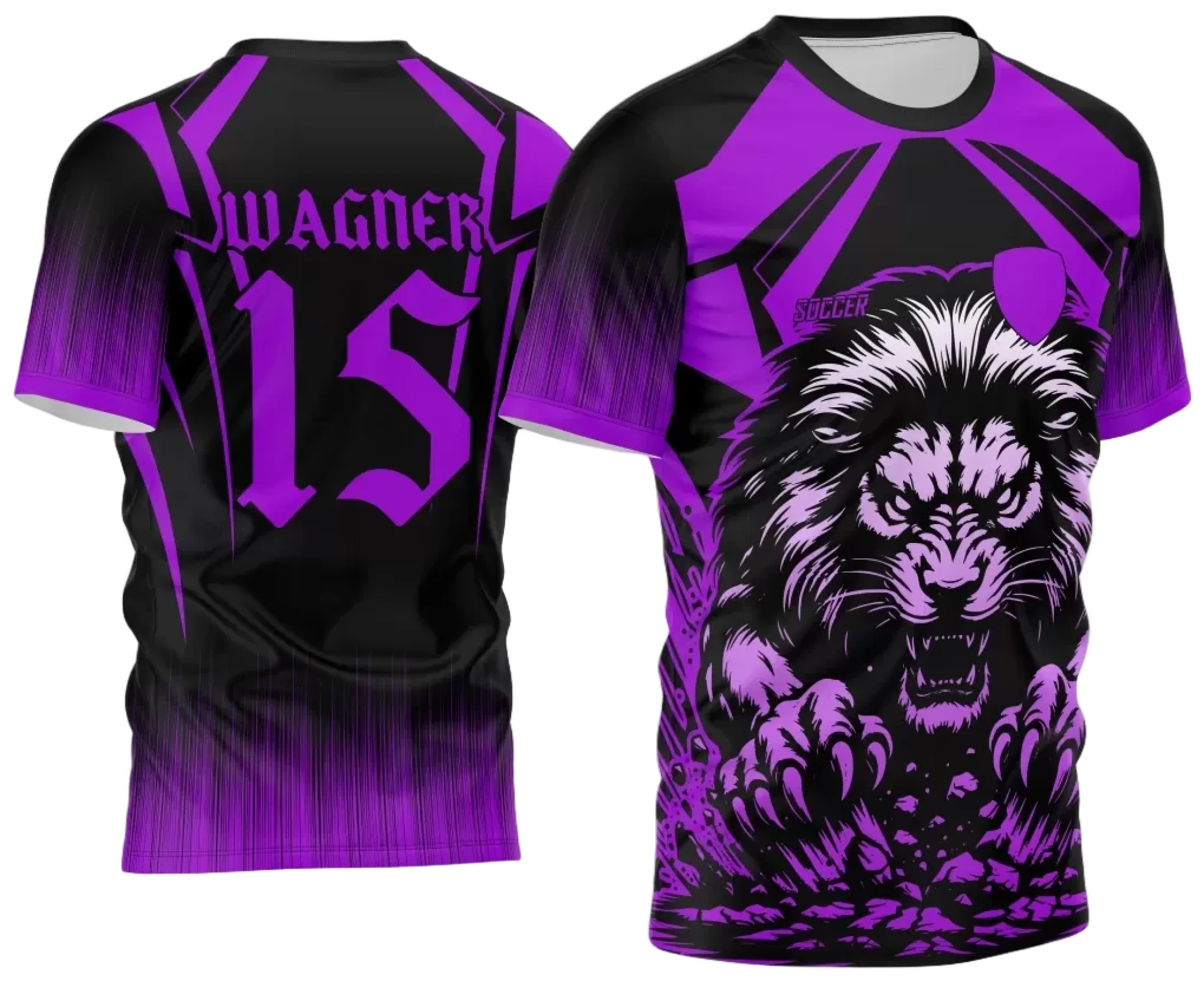 Camiseta unissex preta com logo no peito e estampa grande nas costas destacando Leão 2024 interclasse em roxo, perfeito para eventos escolares e times esportivos.