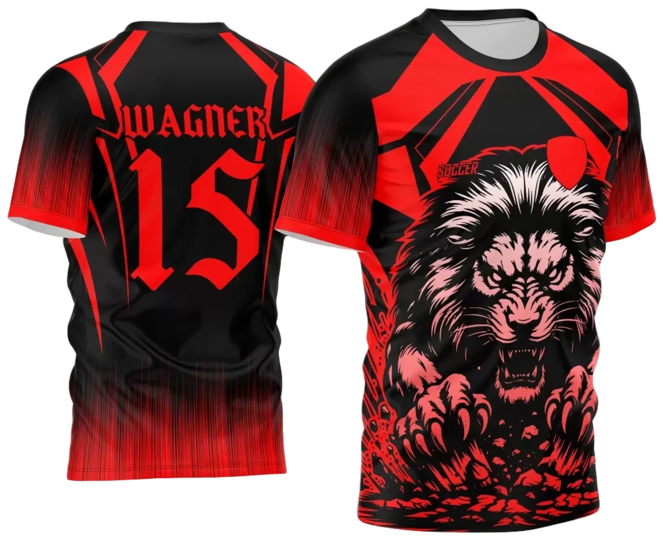 Camiseta unissex vermelha com logo no peito e estampa grande nas costas comemorando o Interclasse Leão 2024, visual marcante em camiseta básica preta ou branca, perfeita para eventos escolares e turmas.