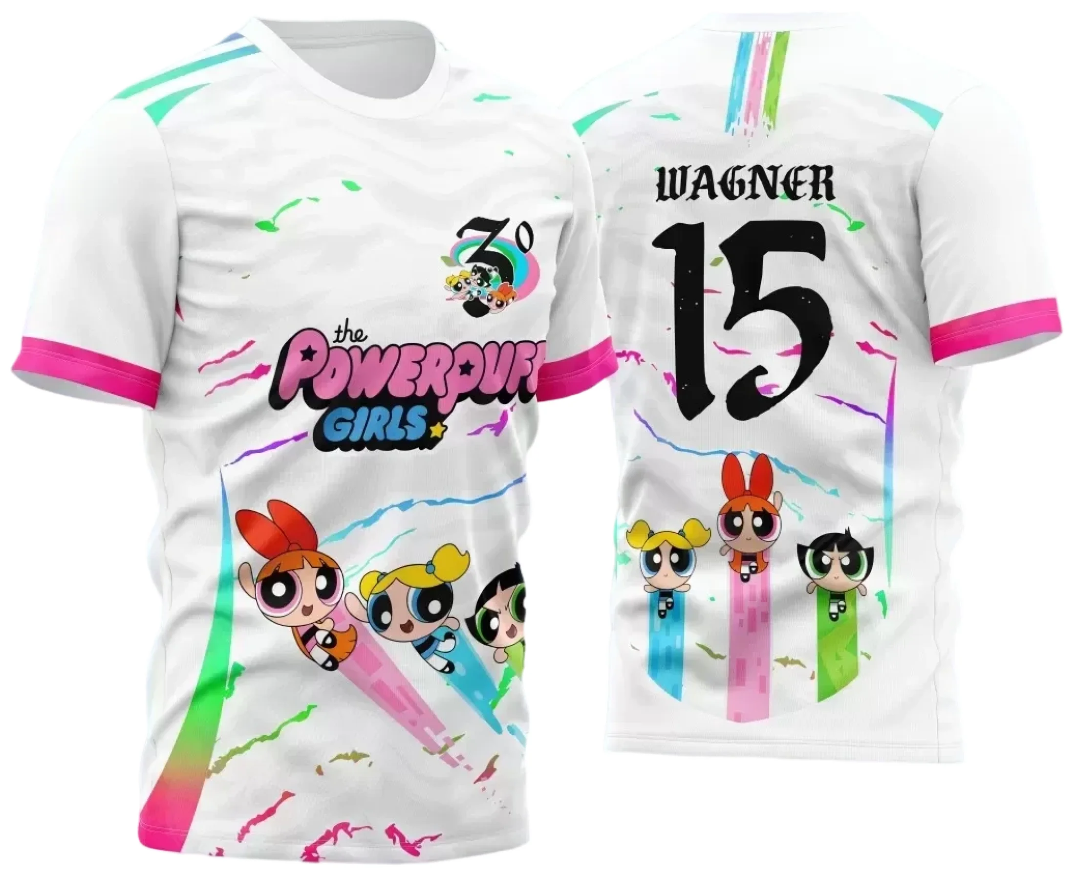 Camiseta unissex branca com logo no peito das Meninas Superpoderosas e estampa grande nas costas destacando o tema Interclasse 2024, design vibrante e moderno ideal para fãs.
