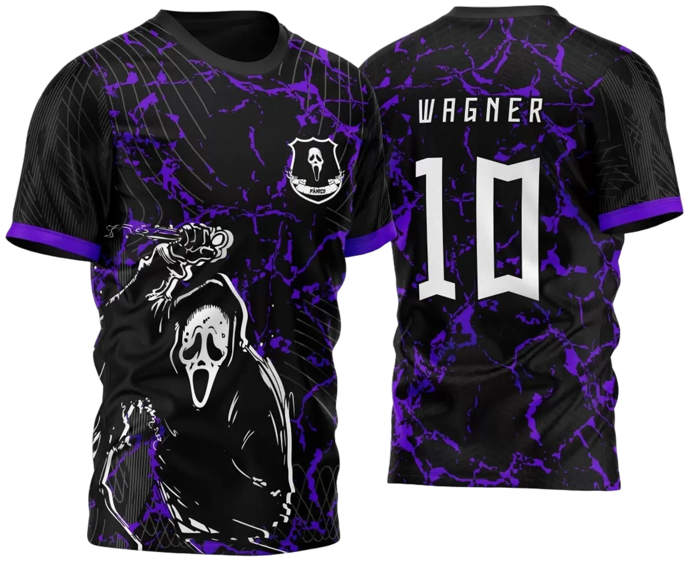 Camiseta unissex preta com logo no peito e estampa grande nas costas trazendo o tema InterClasse Pânico 2023, ideal para eventos escolares ou universitários com estilo vibrante e moderno.