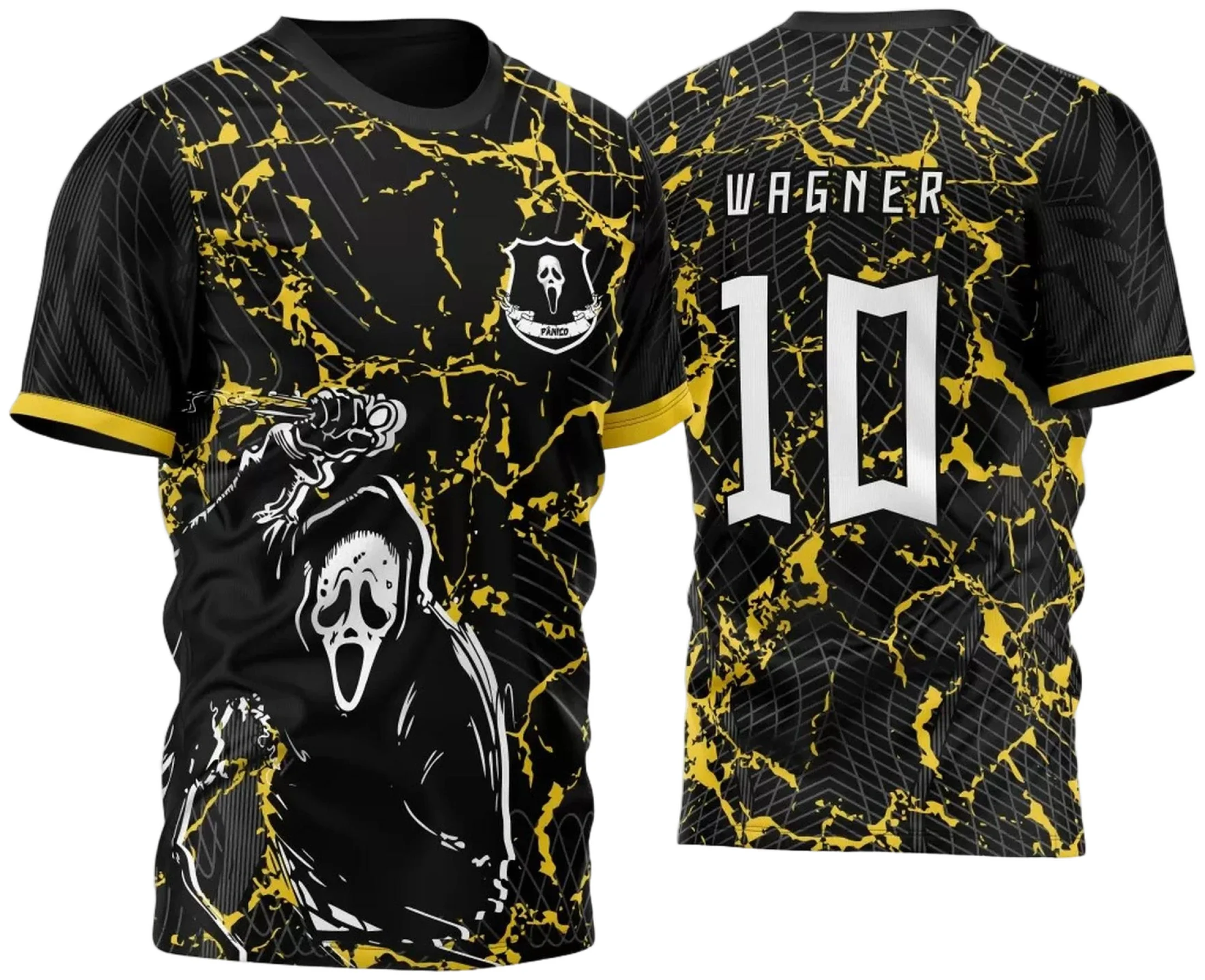 Camiseta unissex preta com logo no peito e estampa grande nas costas, tema InterClasse Pânico 2023, perfeita para mostrar estilo e participação no evento.