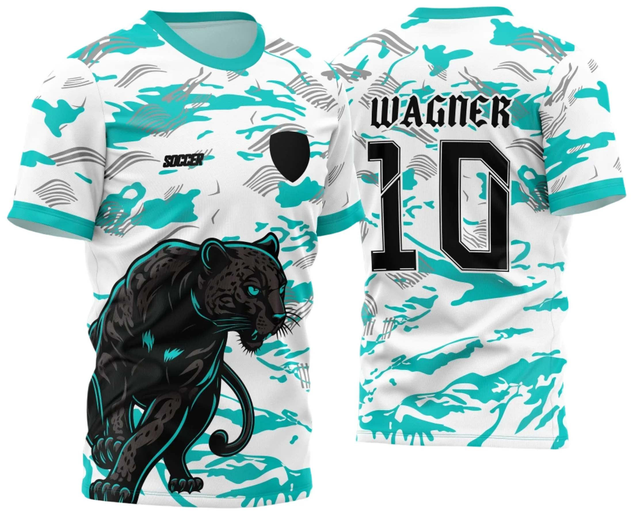 Camiseta unissex com logo no peito e estampa grande nas costas do Interclasse Pantera 2024 na cor verde água, ideal sobre base preta ou branca, com design moderno e vibrante.