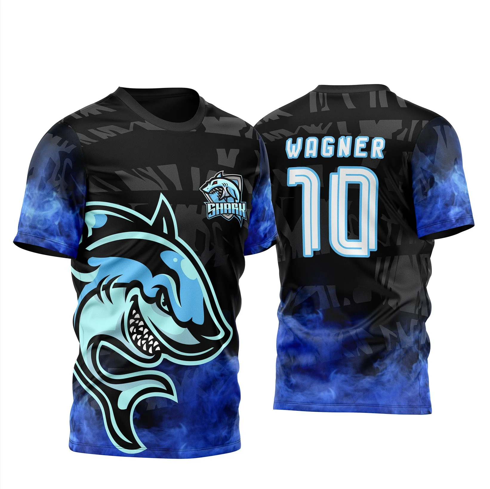 Camiseta unissex azul com logo no peito e estampa grande nas costas do tubarão InterClasse 2023, perfeita para ocasiões casuais e eventos temáticos, confeccionada em tecido confortável e resistente.