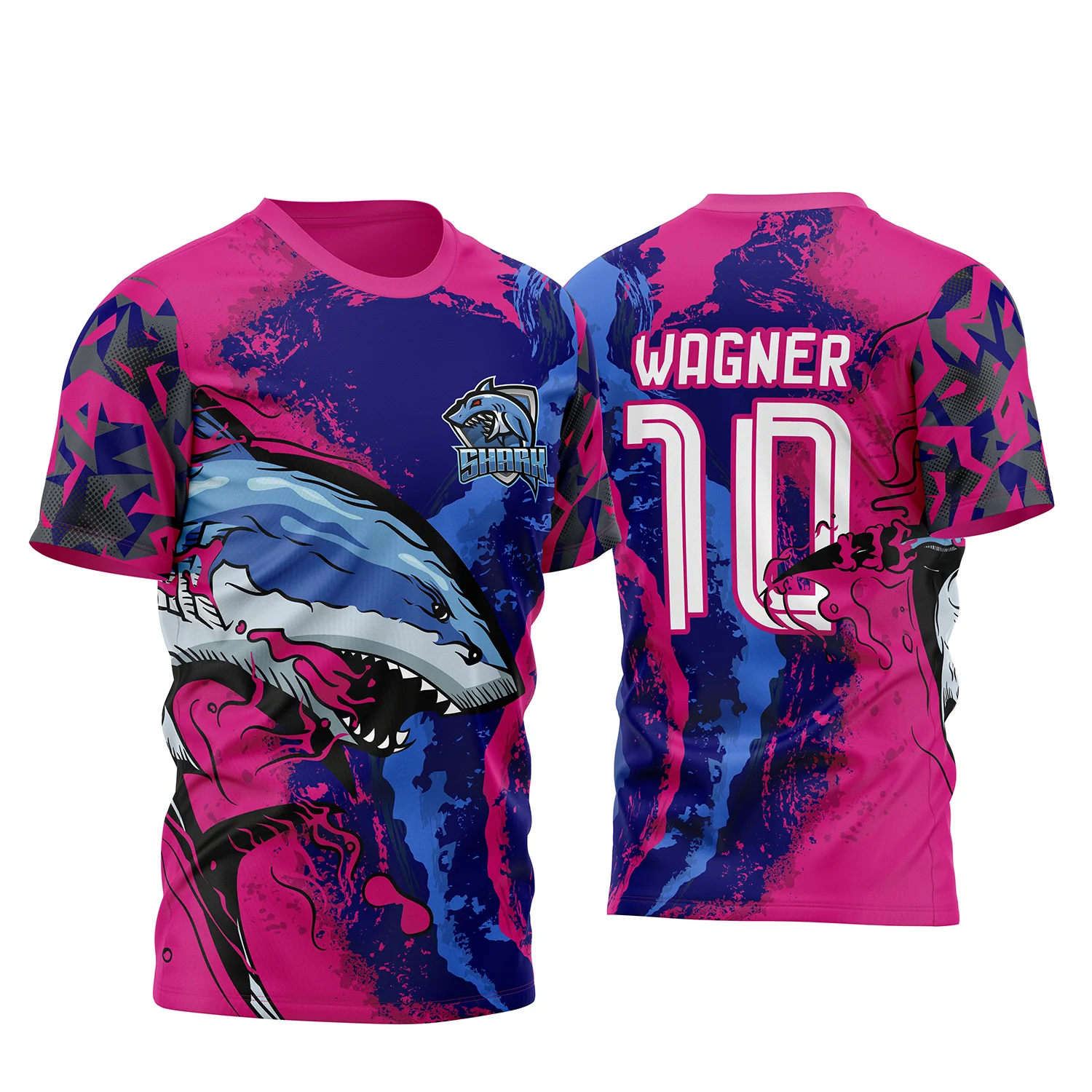 Camiseta unissex preta com logo no peito e estampa grande nas costas do tema InterClasse Shark Tubarão 2023 Rosa, design moderno e vibrante.