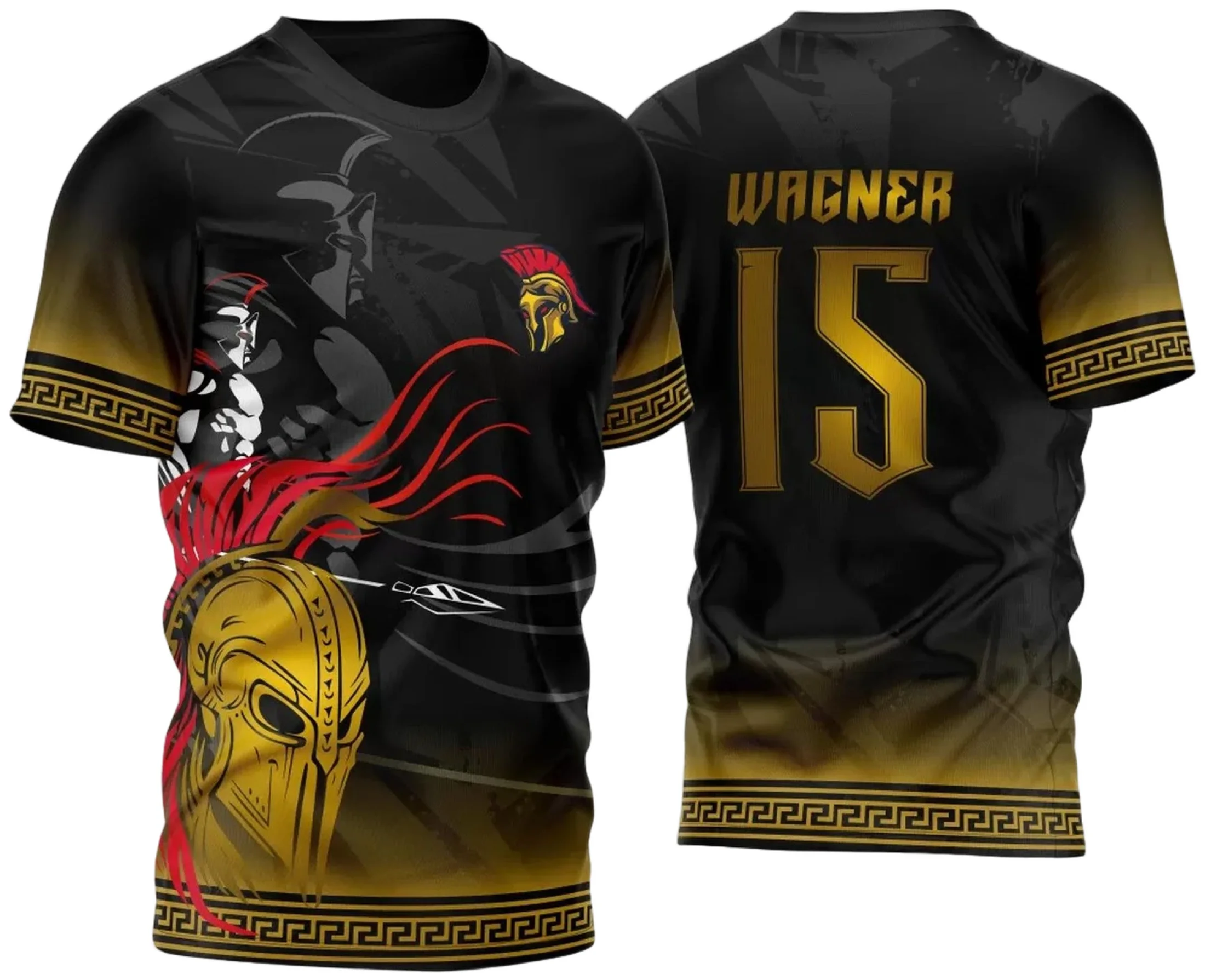 Camiseta unissex preta com logo no peito e estampa grande nas costas mostrando o tema InterClasse Spartanos 2023 Modelo 3, ideal para quem busca estilo e identificação em eventos.