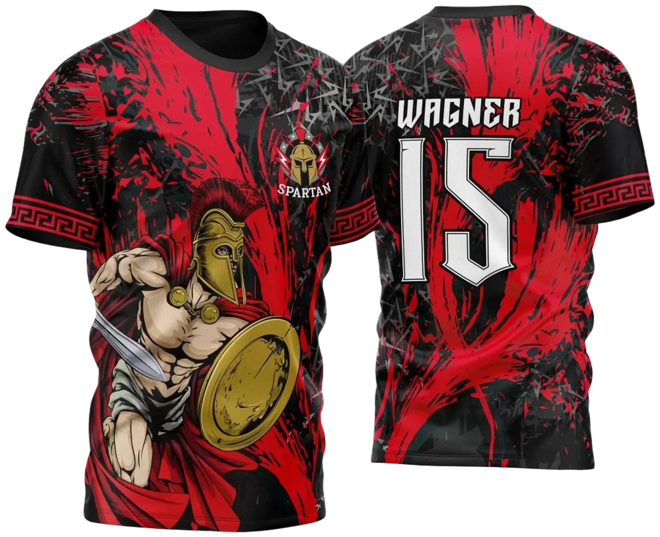 Camiseta unissex preta com logo no peito e estampa grande nas costas, tema InterClasse Spartanos 2023 Modelo 2, visual moderno e marcante para fãs e participantes do evento.