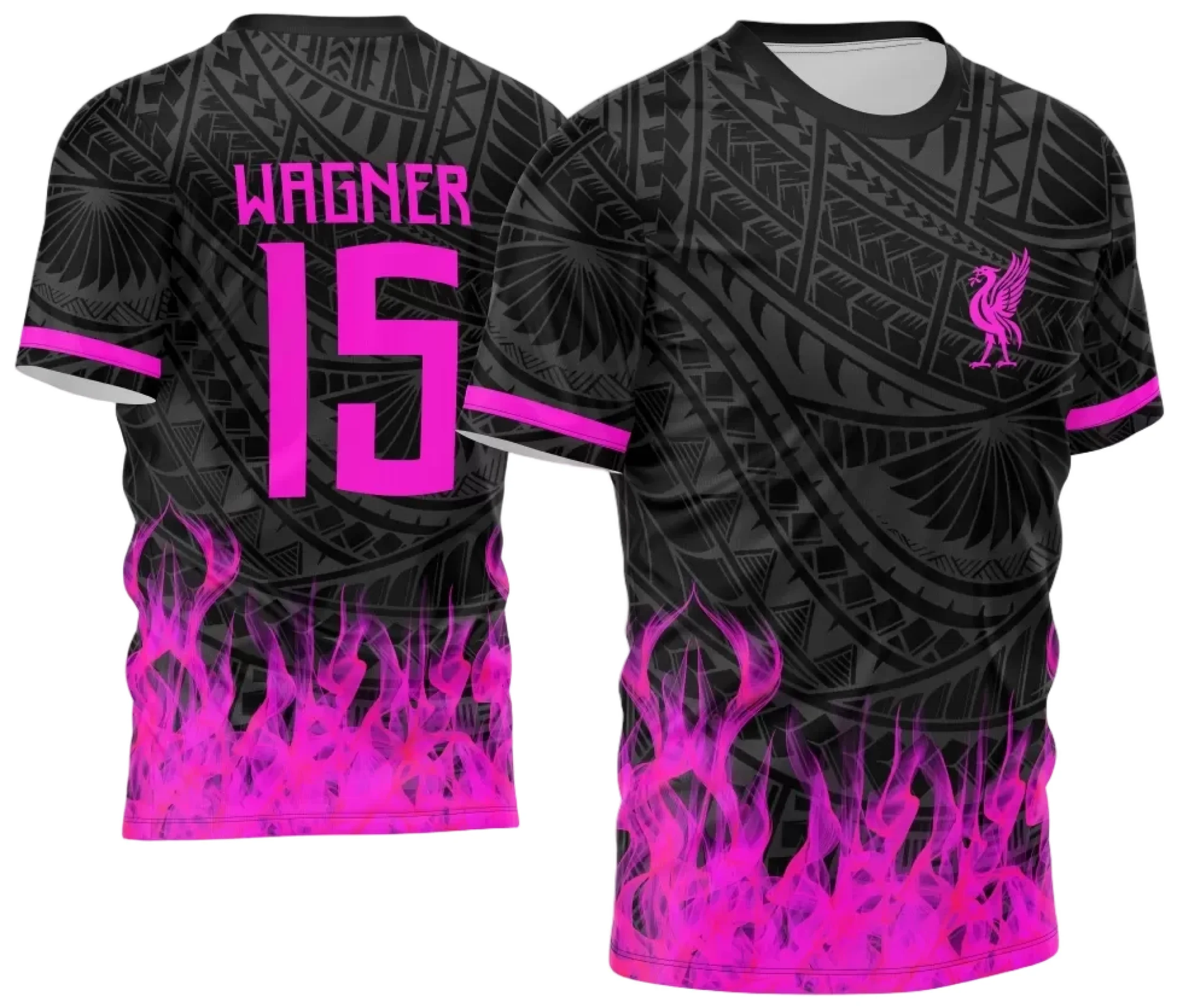 Camiseta unissex preta com logo no peito e estampa grande nas costas inspirada em tribal e fogo para o Interclasse 2024, visual marcante e moderno.