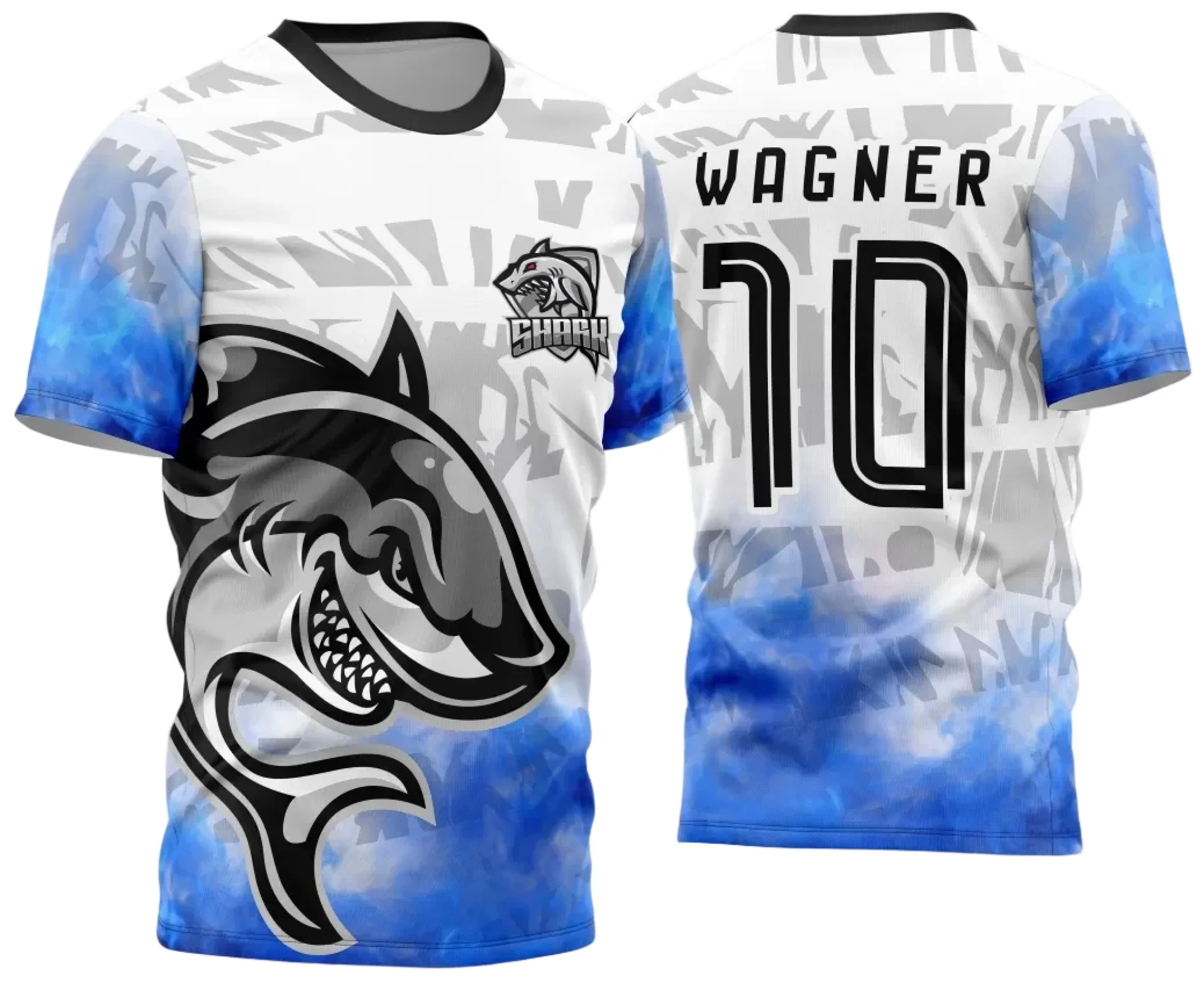 Camiseta unissex preta com logo no peito e estampa grande nas costas do tema InterClasse Tubarão, ideal para mostrar força e união em eventos ou grupos escolares.